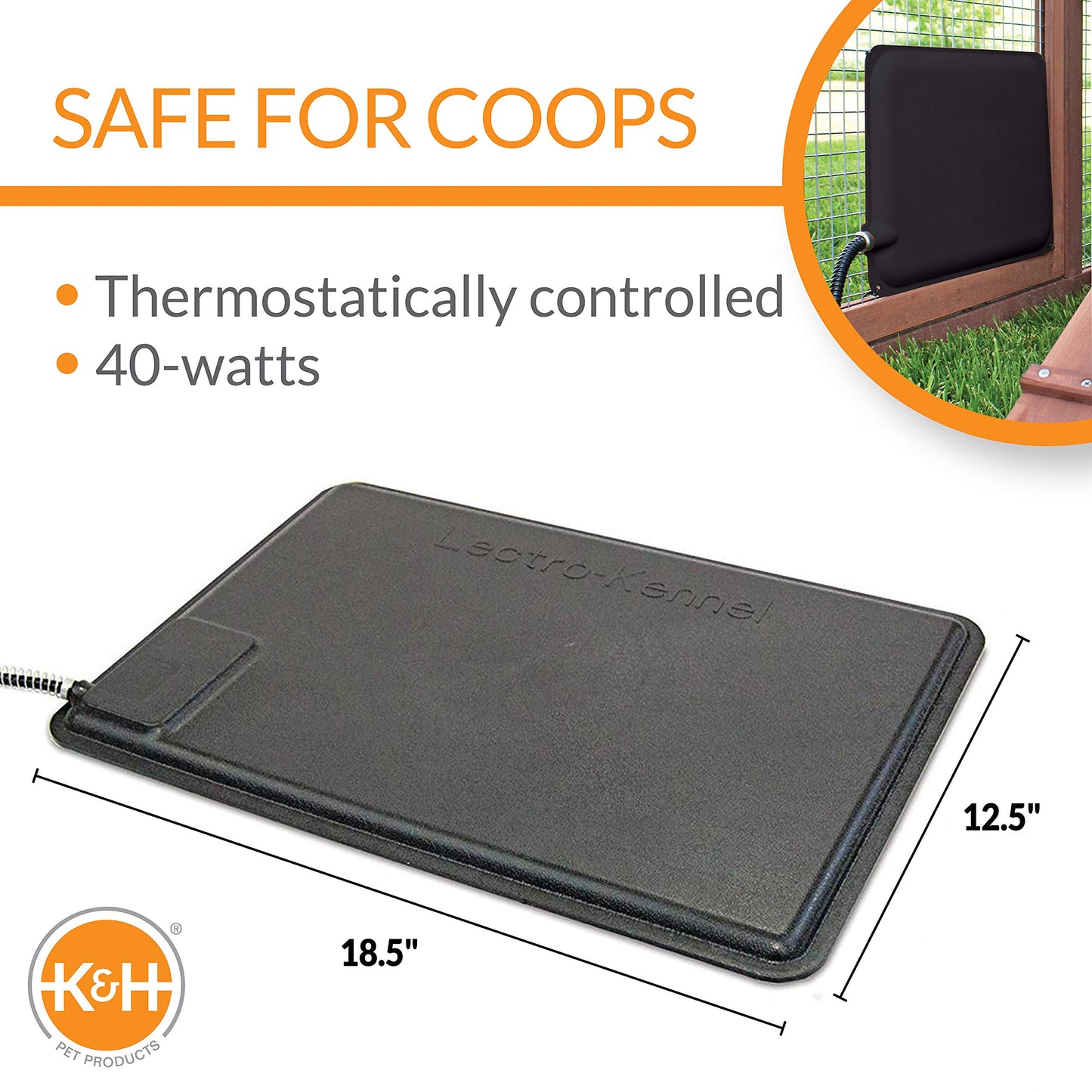 K&H Pet Products Thermo Heated Chicken Pad, Warming Nesting Pad Chicken Coop Accessory, Poultry Chick Heat Lamp Alternative, Automatic Temperature, Safety Listed - Small 12.5 X 18.5in Black 40W