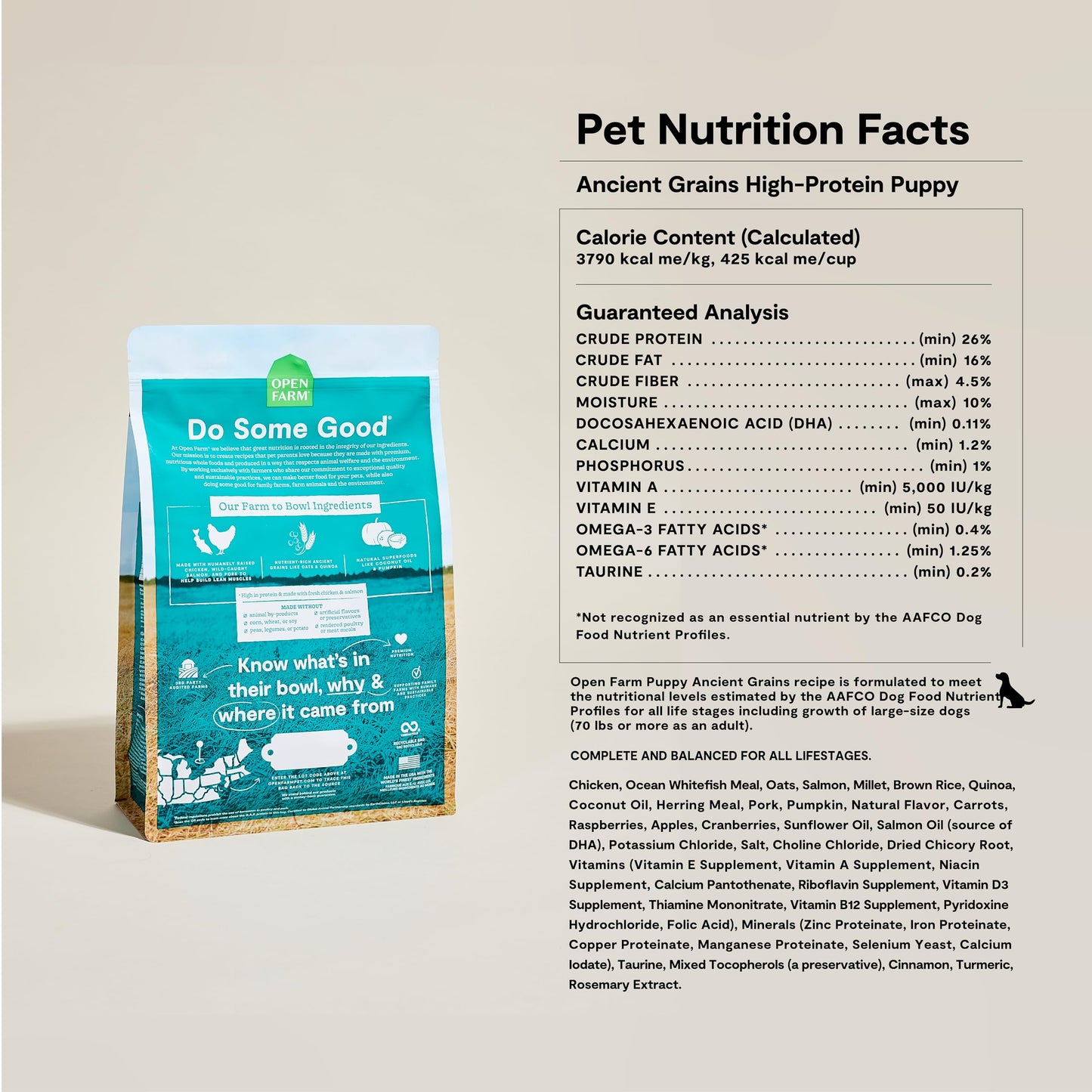 Open Farm, Ancient Grains Dry Dog Food for Puppies, Protein-Rich & Nutrient Dense, 90% Animal Protein Mixed with Non-GMO Fruits, Veggies and Superfoods, Chicken & Salmon Recipe for Puppy, 22lb Bag