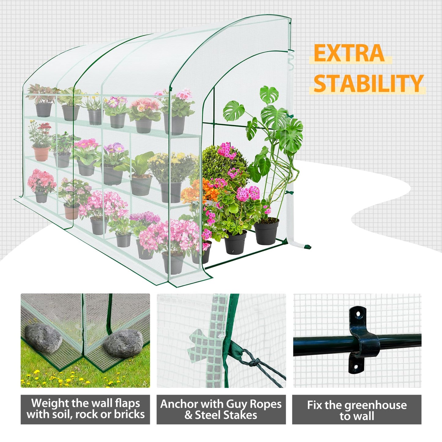 EAGLE PEAK 3 Tier Lean to Portable Greenhouse, Heavy-Duty Indoor & Outdoor Garden with Wire Shelves, 2 Roll-Up Zipper Doors, Easy Assembly, 120"x60"x84" Clear/White PE Cover