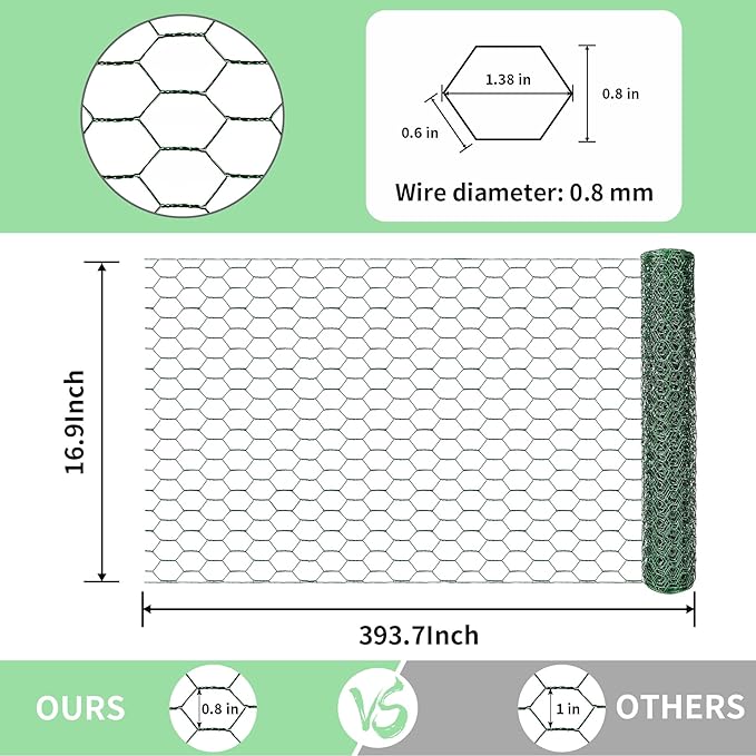 Chicken Wire 16.9 in x 393.7 in Poultry Wire Netting Hexagonal Galvanized Mesh Garden Fence Barrier for Pet Rabbit Chicken Fencing with 100 Pcs Cable Zip Ties(PVC-Coated)