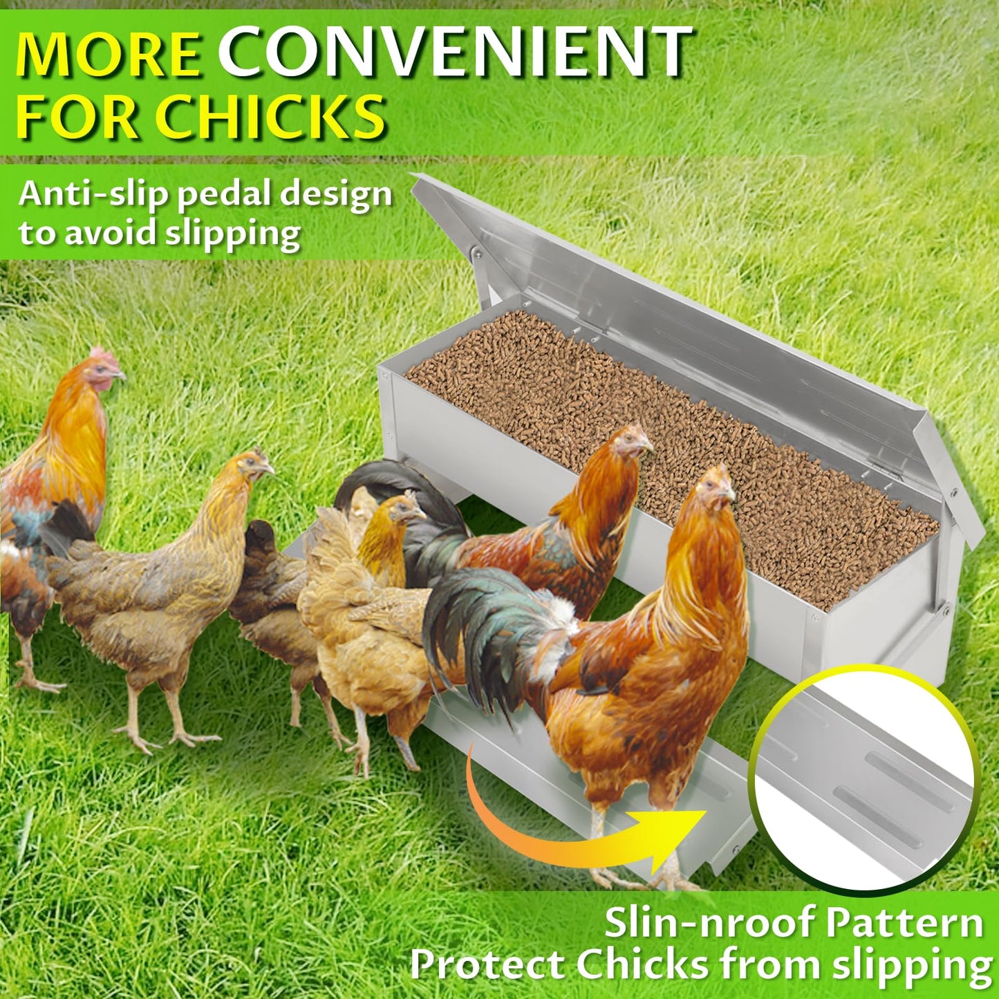 Automatic Chicken Feeder Treadle, Large Poultry Feeders No Waste Stainless Steel Rat Proof, Chicken Feeder Trough with Weatherproof Lid Treadle Self-Opening for Duck Fowl