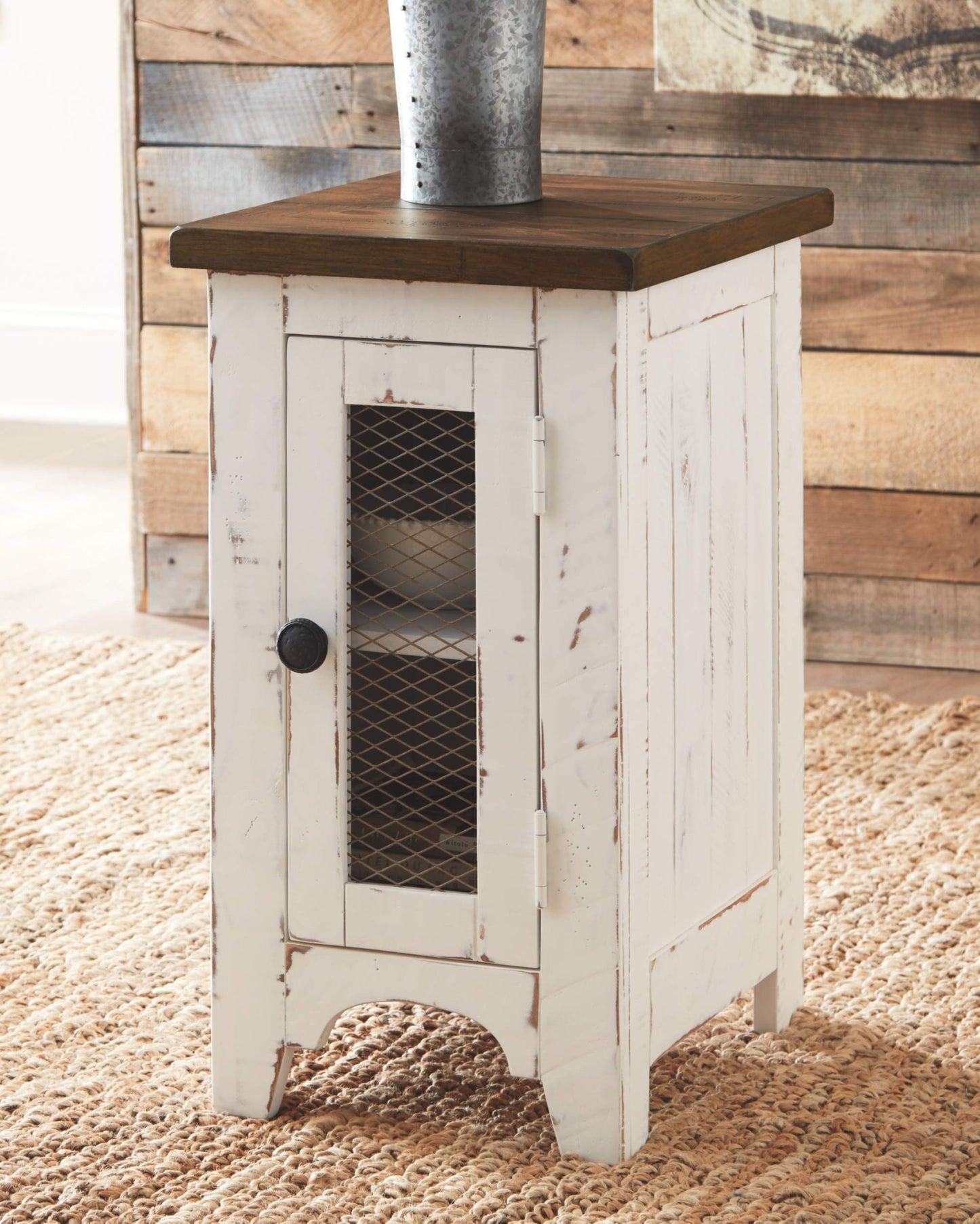 Signature Design by Ashley Wystfield Farmhouse Square Storage Coffee Table with Hinged Lift Top, Distressed White and Chair Side End Table with Cabinet Door for Storage, White & Brown