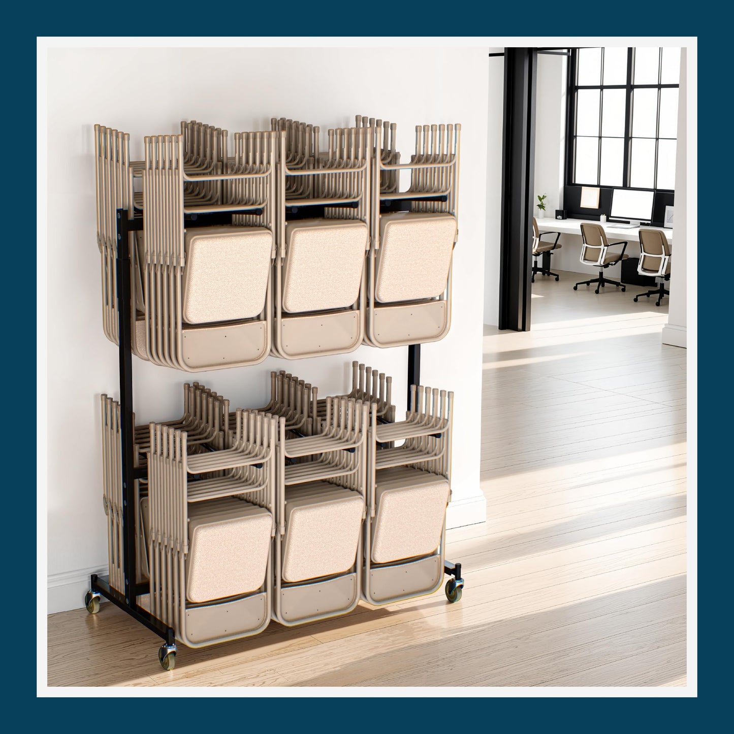 OEF Furnishings OEF84 Series Folding Chair Cart – Heavy-Duty Two-Tier Steel Dolly Rack with Wheels (84 Chairs, Standard Height, Hanging Storage)