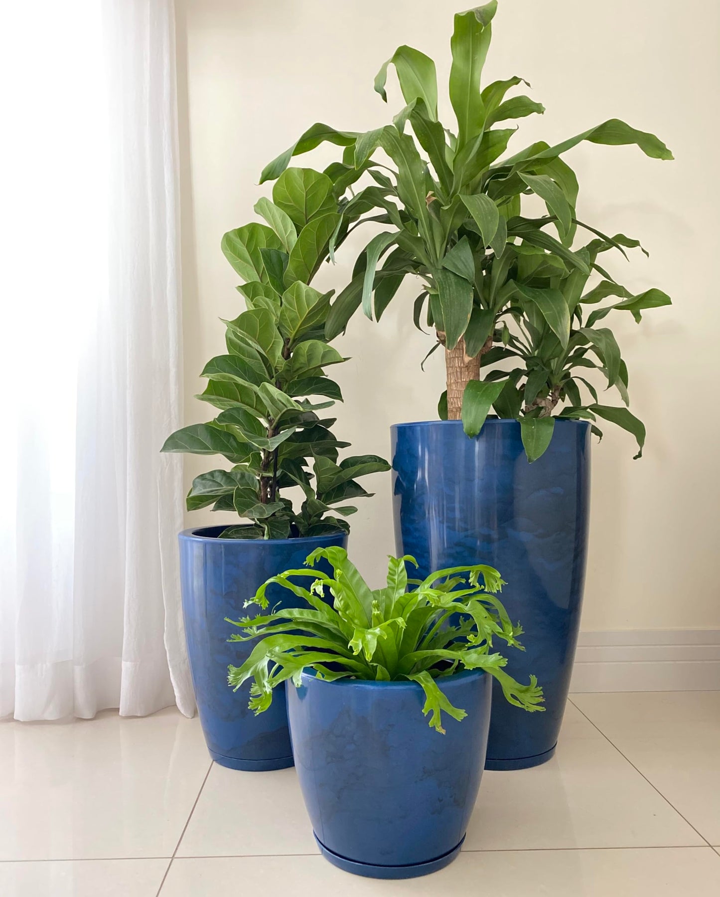 FLORIDIS Plastic Plant Pot, Blue Marble Effect, Set of 3 (11+17+25 inch) with Drainage Hole and Saucer. Outdoor and Indoor Set of Black planters for patios, Front Porch.