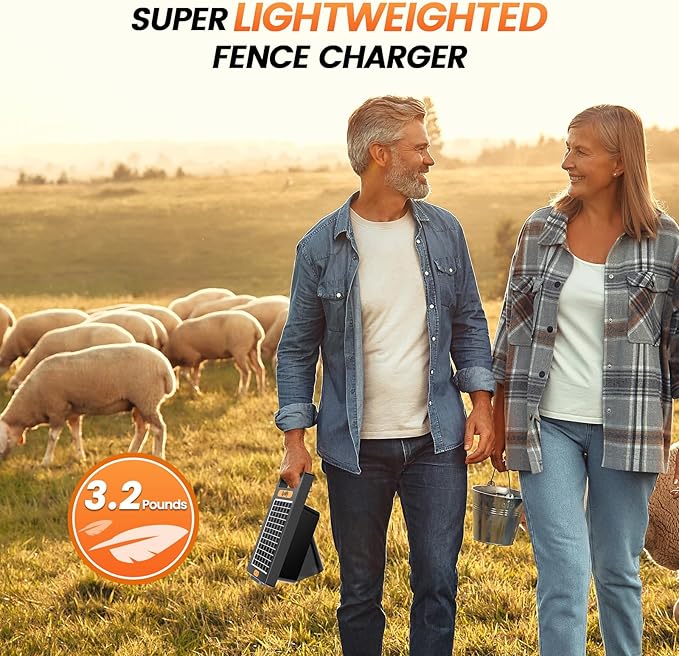 24 Hour Solar Electric Fence Charger, 10 Miles, Up to 10200v Output Range Electric Fence Charger, 0.18J Portable Energizer with Rechargeable Solar Panel for Livestock & Predator Protection
