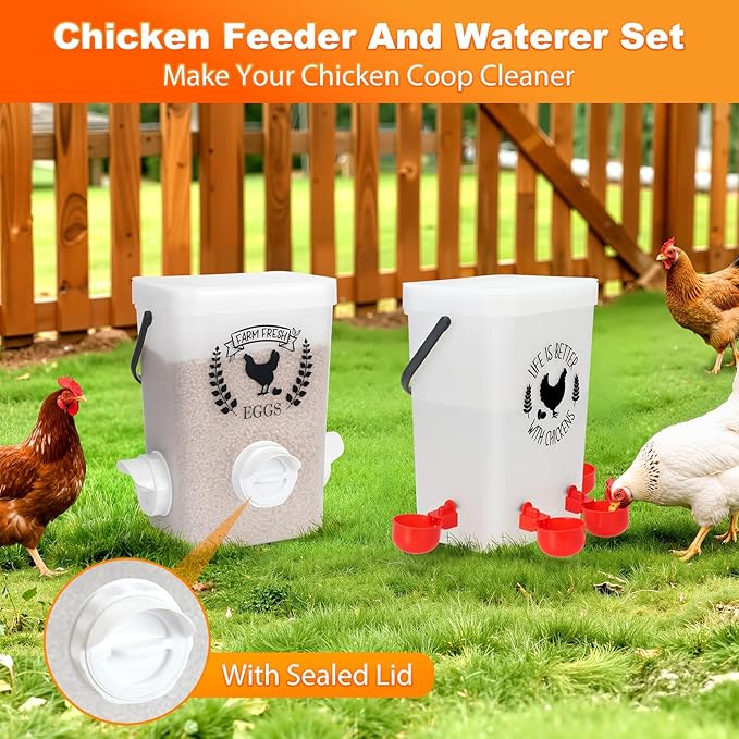 TGEYD Chicken Feeder and Chicken Waterer Set(3 Gal/15 Lb) Hanging Automatic Chicken Feeder, No-Waste Poultry Feeder, Chicken Accessories for Chicken Coop and Chicken Run