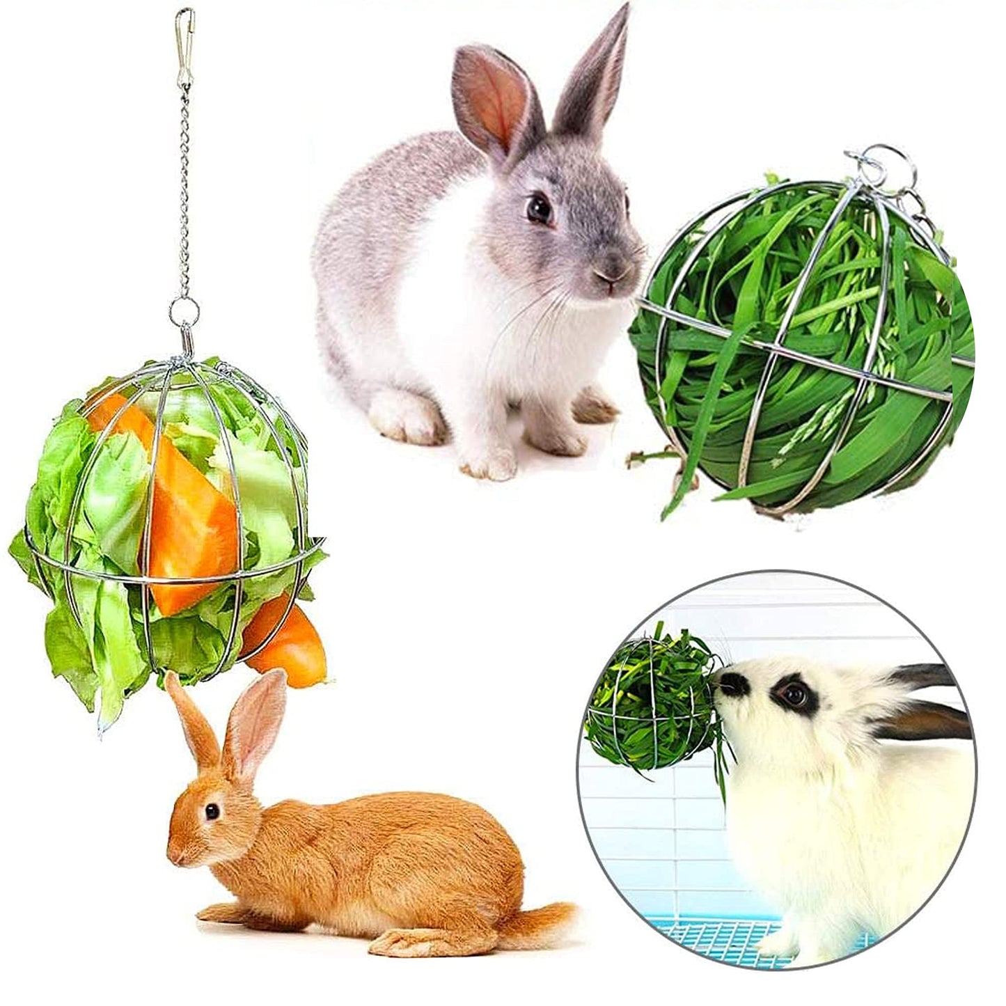 Allazone 4 PCS Hay Feeder Ball, Hay Rack Ball, Small Animal Stainless Steel Grass Ball Grass Rack Ball for Rabbit Guinea Pig Hamster Hay Dispenser Hanging Ball Feeder Toy Rabbit Pet Supplies