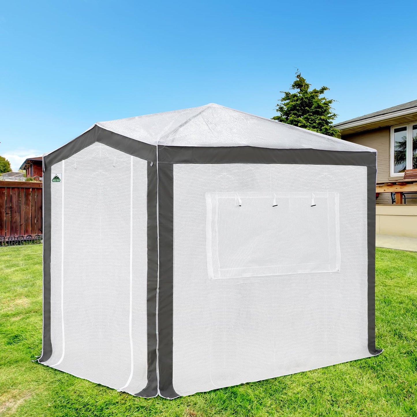 EAGLE PEAK 8x6 Portable Walk in Greenhouse with Polyester Reinforced Corners, Instant Pop Up Indoor Outdoor Gardening Green House, Roll Up Zipper Entry Doors and Mesh Windows, Gray/White