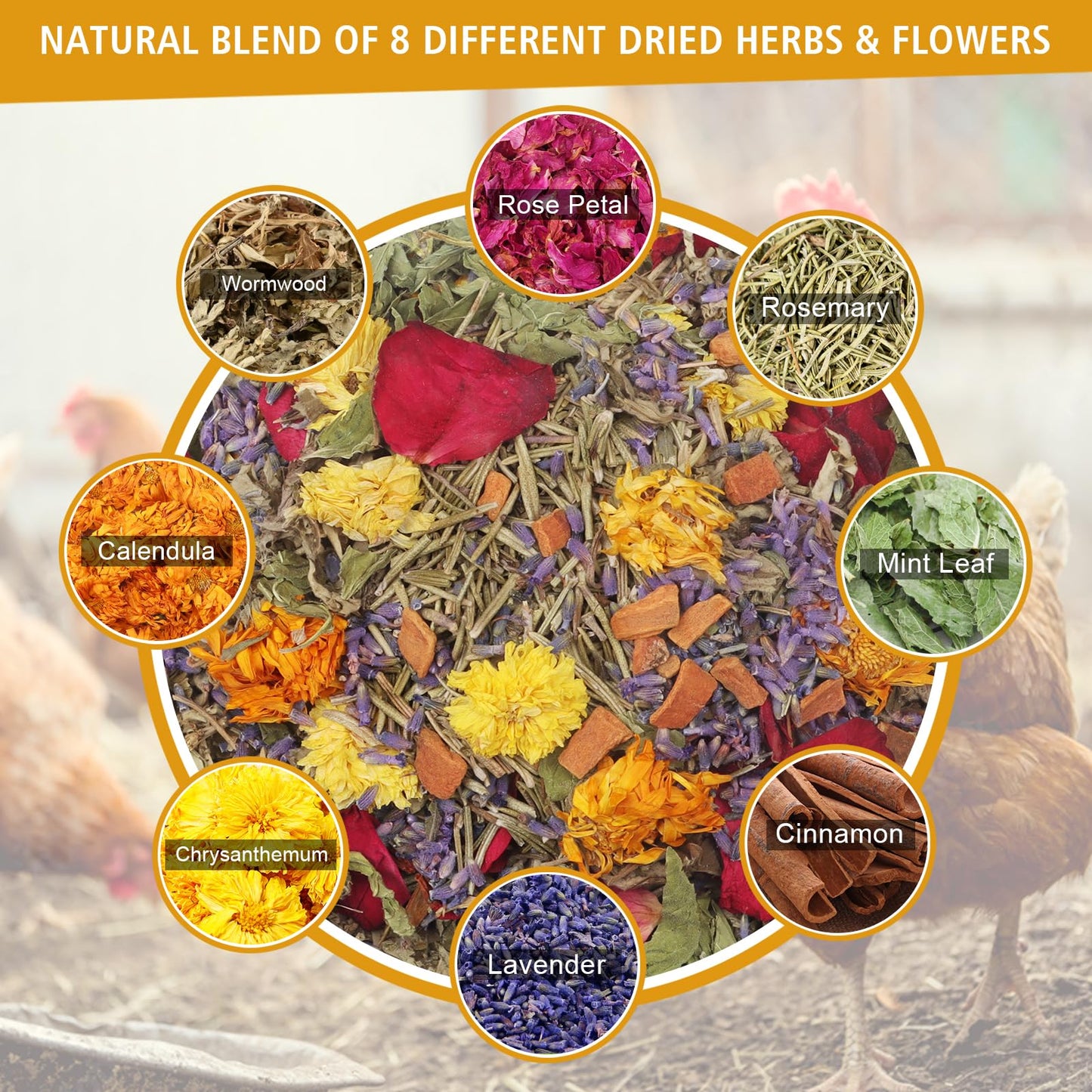 20oz Chicken Nesting Box Herbs - Natural Vacuum-Packed Blend of 8 Dried Flowers & Herbs - Bulk Herbs for a Fresh Chicken Coop, Promote Healthy Hens, Enhance Comfort & Boost Eggs Laying