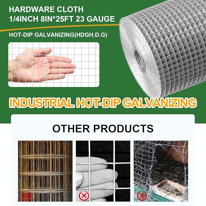 8in x 25Ft Hardware Cloth Hot-Dip Galvanized Welded Wire Mesh - Heavy Duty 23 Gauge Chicken Wire Fencing for Garden, Chicken Coop, Rabbit Cage, Rodent & Predator Protection