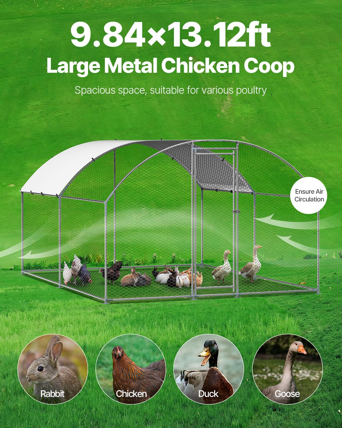 VEVOR Large Metal Chicken Coop with Run, 13.1 x 9.8 x 6.5 ft Walkin Chicken Coop for Yard with Waterproof Cover, Dome Roof Large Poultry Cage for Hen House, Duck Coop and Rabbit Run
