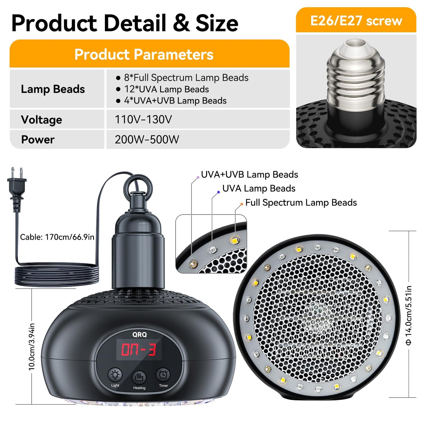 QRQ Chicken Coop Heater, 200W-350W-500W Reptile Heat Lamp with UVA UVB Dimmable Light 3-6-9-12H Timer, Chicken House Dog House Greenhouse Heater Outdoor,for Dog Cats Reptile Bird,Christmas Gifts