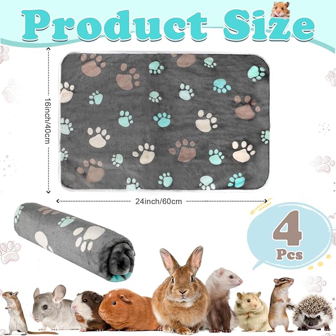 Reginary 4 Pcs Waterproof Guinea Pig Blankets Washable Small Animal Fleece Bedding Absorbent Guinea Pig Cage Liners Reusable Pet Pee Pad Sleep Mat for Hamster Ferret(Cute Paw,24 x 16 Inch)