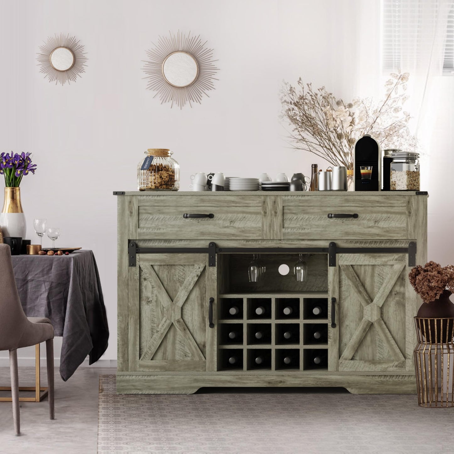 RoyalCraft Farmhouse Buffet Cabinet with Storage, 52'' Wine Bar Cabinet with Sliding Barn Door, Liquor Coffee Bar Cabinet and Sideboard for Kitchen, Dining Room, Light Grey