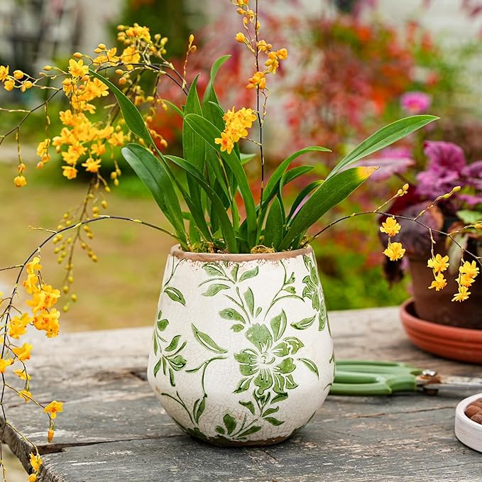 Sungmor Vintage Ceramic Plant Pots, Set of 2 Pretty Ice Cracked Glaze Ceramic Flower Pots, 5.7in. Herb Planters with Drainage Hole, Tuscan Planters for Indoor Outdoor Plants, Home Garden Decor Pot