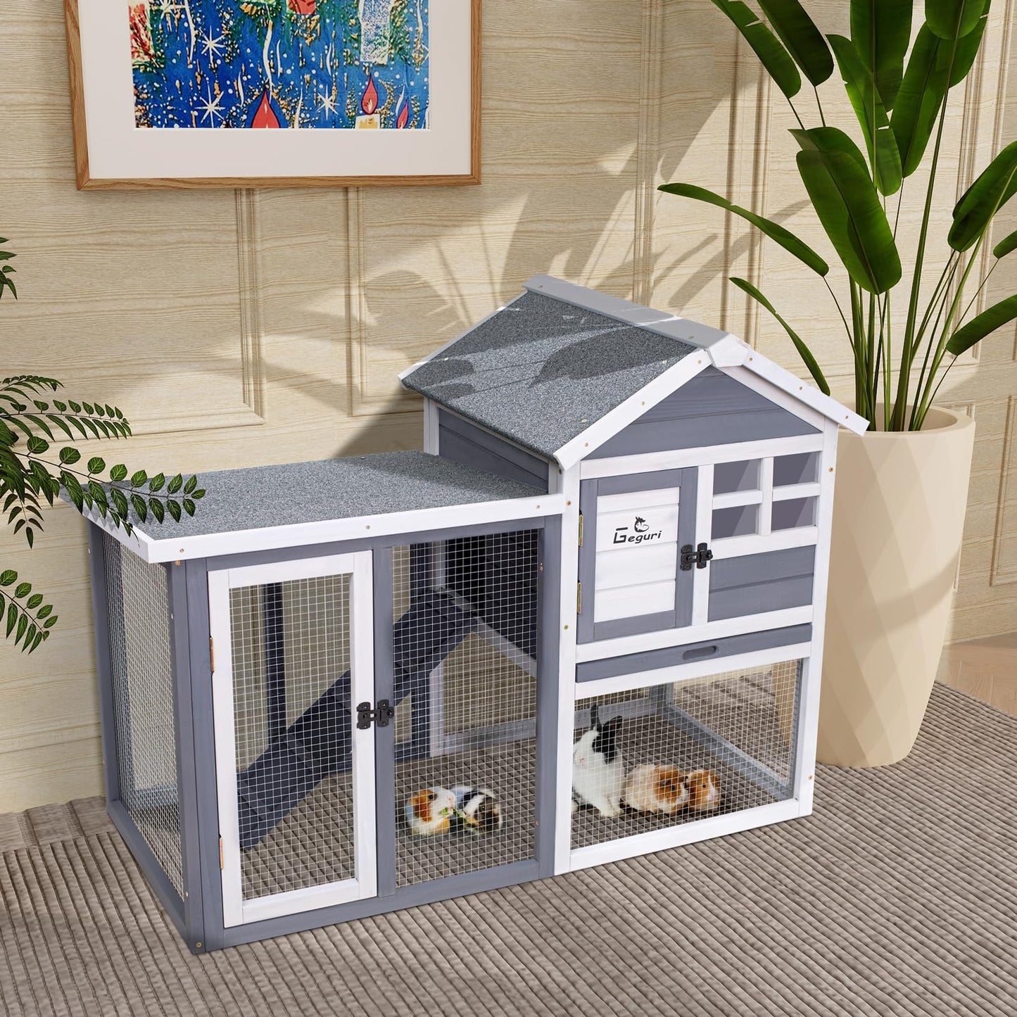 GEGURI Large Rabbit Hutch Indoor Outdoor Chicken Coop Wooden Bunny Cage with Waterproof Roof (48''L x 24''W x 36''H Grey)
