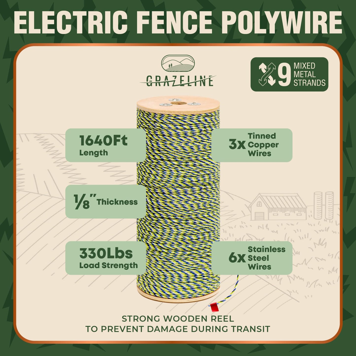 Electric Fence Polywire 1640 Feet - 9 Strands Poly Wire Tinned Copper and Stainless Steel for Superior Shock - Portable Hot Wire Electric Fencing - UV, Rust and Corrosion Resistant