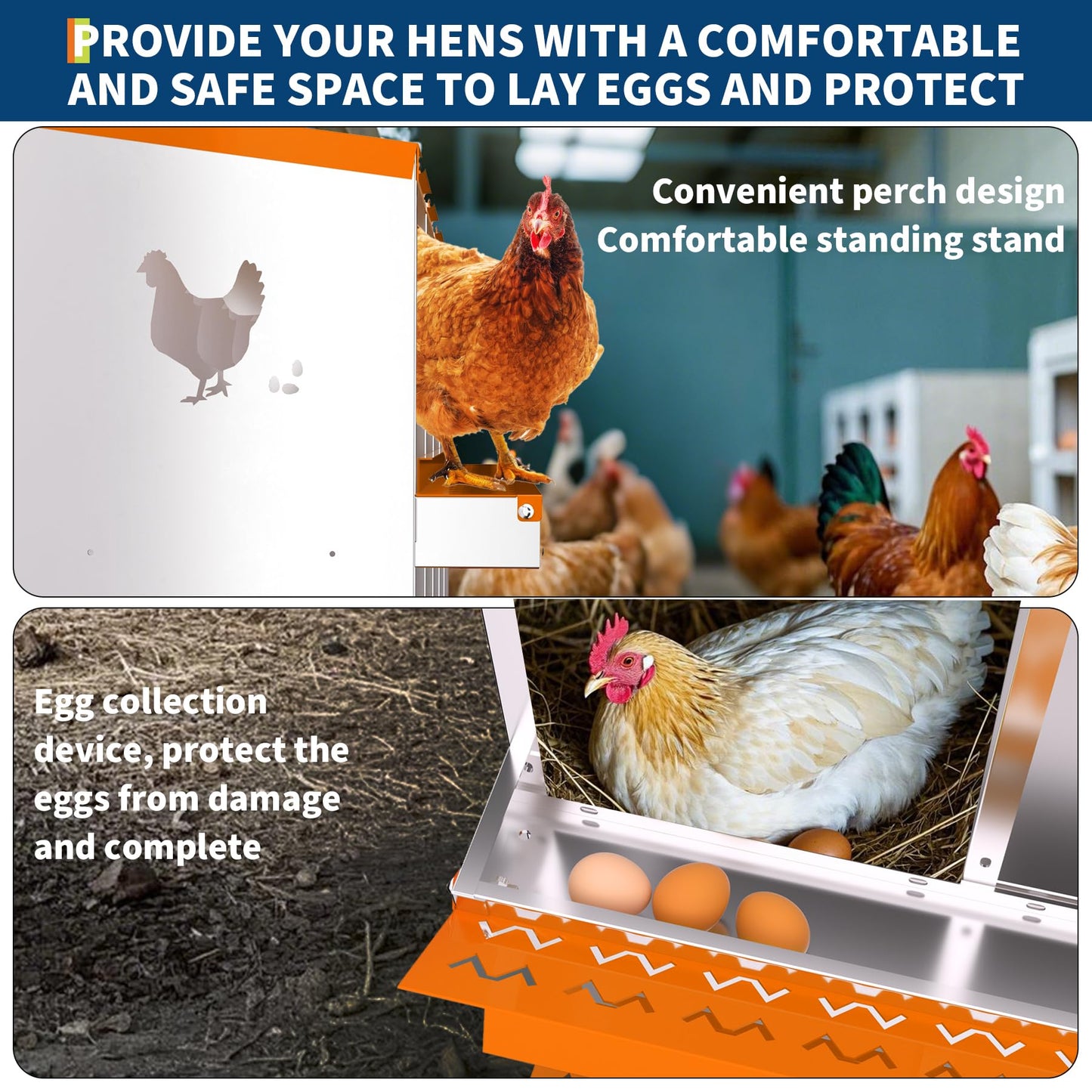 Garvee Chicken Nesting Box with Removable Tray, 6 Compartment Nesting Boxes for Chickens, Easy to Clean and Install, Chicken Laying Boxes for Chicken Coop to Protect Eggs - with Bracket Legs, Orange