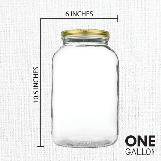 kitchentoolz 1 Gallon Glass Large Mason Jar Wide Mouth with Metal Airtight Lids (4 Pack) - Fermentation Kombucha Kefir Kimchi - Storing Canning Pickling Containers -Gold Lids