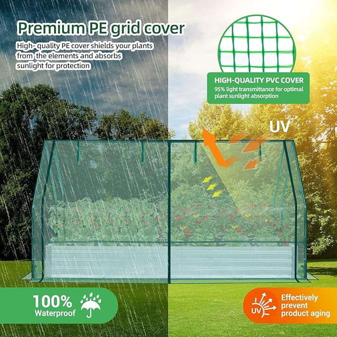 Ohuhu Raised Garden Bed with Greenhouse, 8x4x1 FT Galvanized Metal Planter Box with PE Cover, 4 Doors for Ventilation, 3-in-1 Gardening Set for Vegetable Flower Herb Succulent
