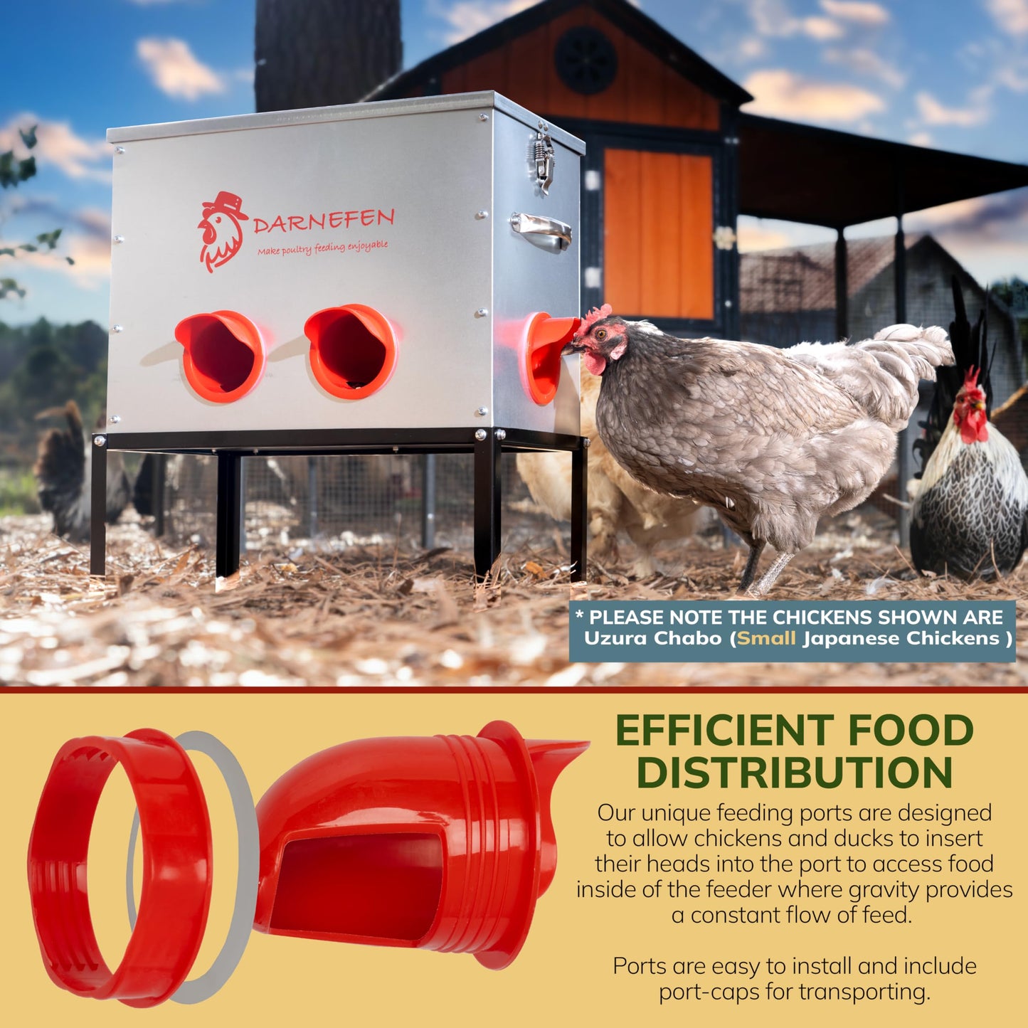 Darnefen Automatic Chicken Feeder Rat Proof - 40lb 6 Ports Large Capacity Metal Poultry Feeder with Legs and Lids - Galvanized Chicken Feeder for Hen Coop