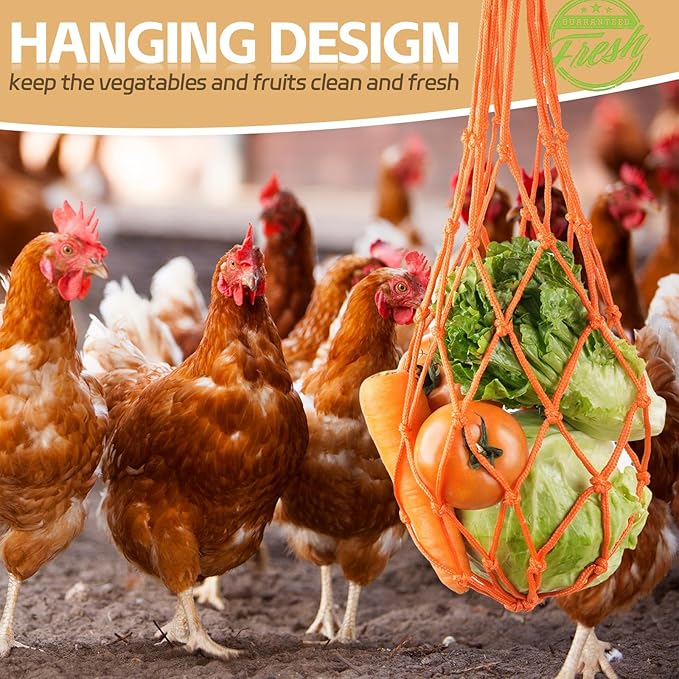 3PCS Chicken Vegetable Hanging Feeder, Chicken Vegetable and Fruit String Bag, Chicken Toys for Coop, Chicken Cabbage Feeder, Hanging Chicken Feeder with Hook for Hens Goose Duck (Orange)
