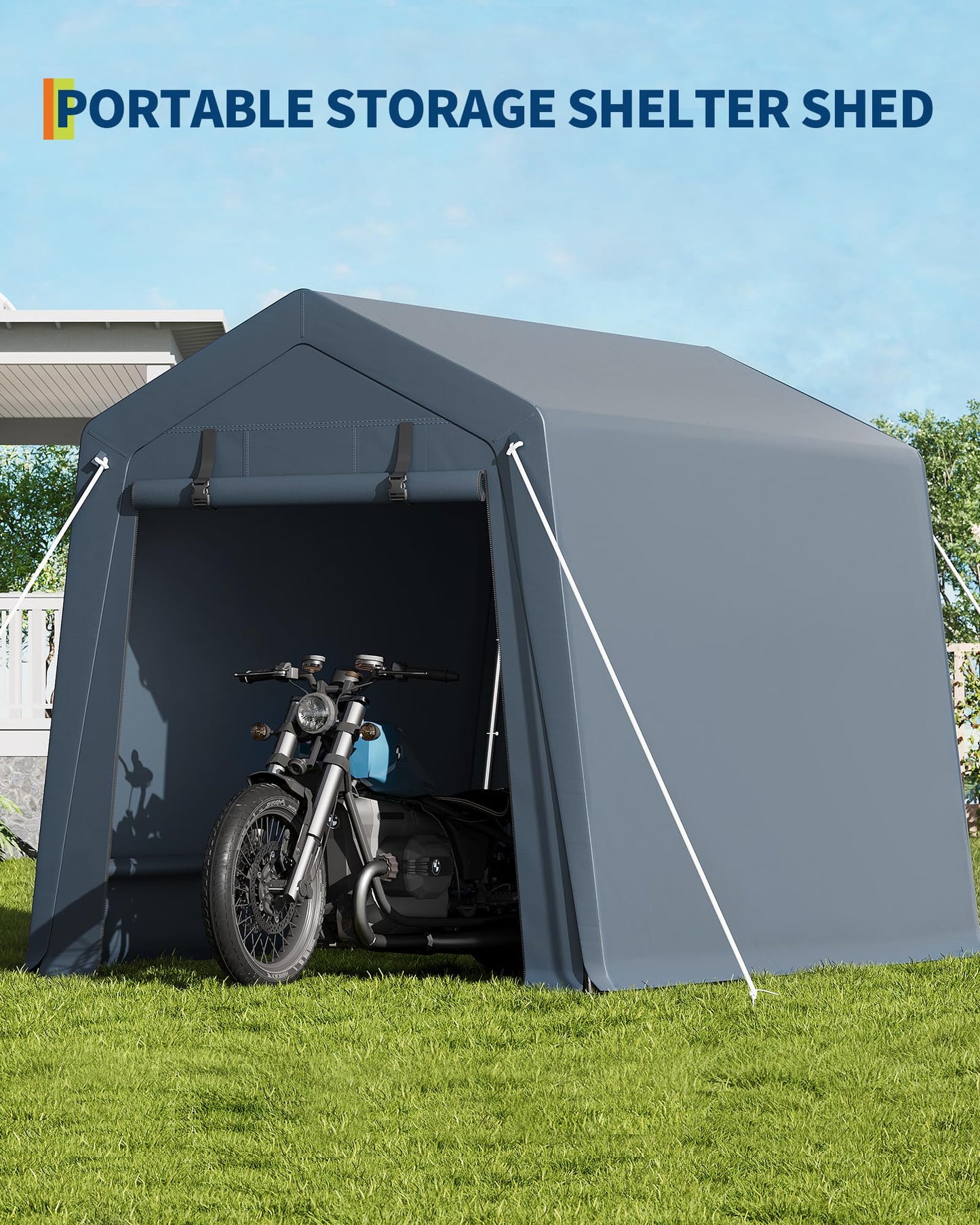 GarveeLife 6x8 FT Portable Outdoor Storage Shed with Roll-Up Zipper Door & Vent, 240G Heavy-Duty Shelter Waterproof PE Tarp, UV-Resistant Carport for Motorcycle, Firewood, Tools -Gray