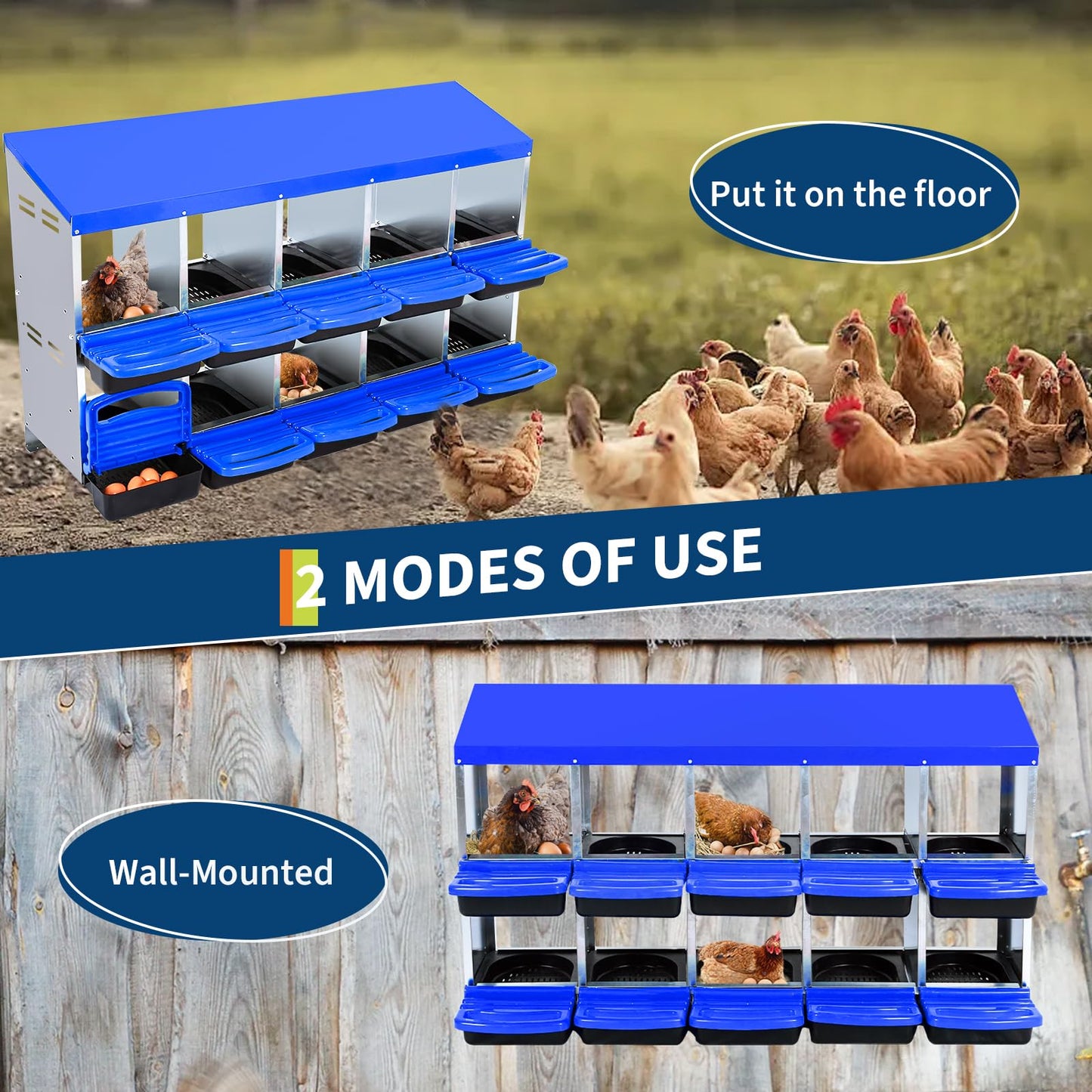Chicken Nesting Box,10 Compartment Roll Away Nesting Box for Laying Eggs,Wall Mount Chicken Nesting Boxes,Easy Egg Collection,Cleanable Pull Out Hen Roosting Boxes 10 Hole
