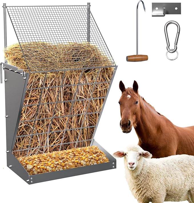 Wall Mount Hay Rack, 2 in-1 Goat Hay Feeder with Hook, 19 Gallons Heavy Duty Galvanized Wall Hay Rack, Livestock Feeder with Adjustable Distance, Easy to Install, Hay Rack for Goats, Sheep, Horse