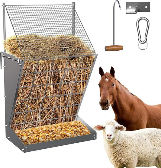 Wall Mount Hay Rack, 2 in-1 Goat Hay Feeder with Hook, 19 Gallons Heavy Duty Galvanized Wall Hay Rack, Livestock Feeder with Adjustable Distance, Easy to Install, Hay Rack for Goats, Sheep, Horse