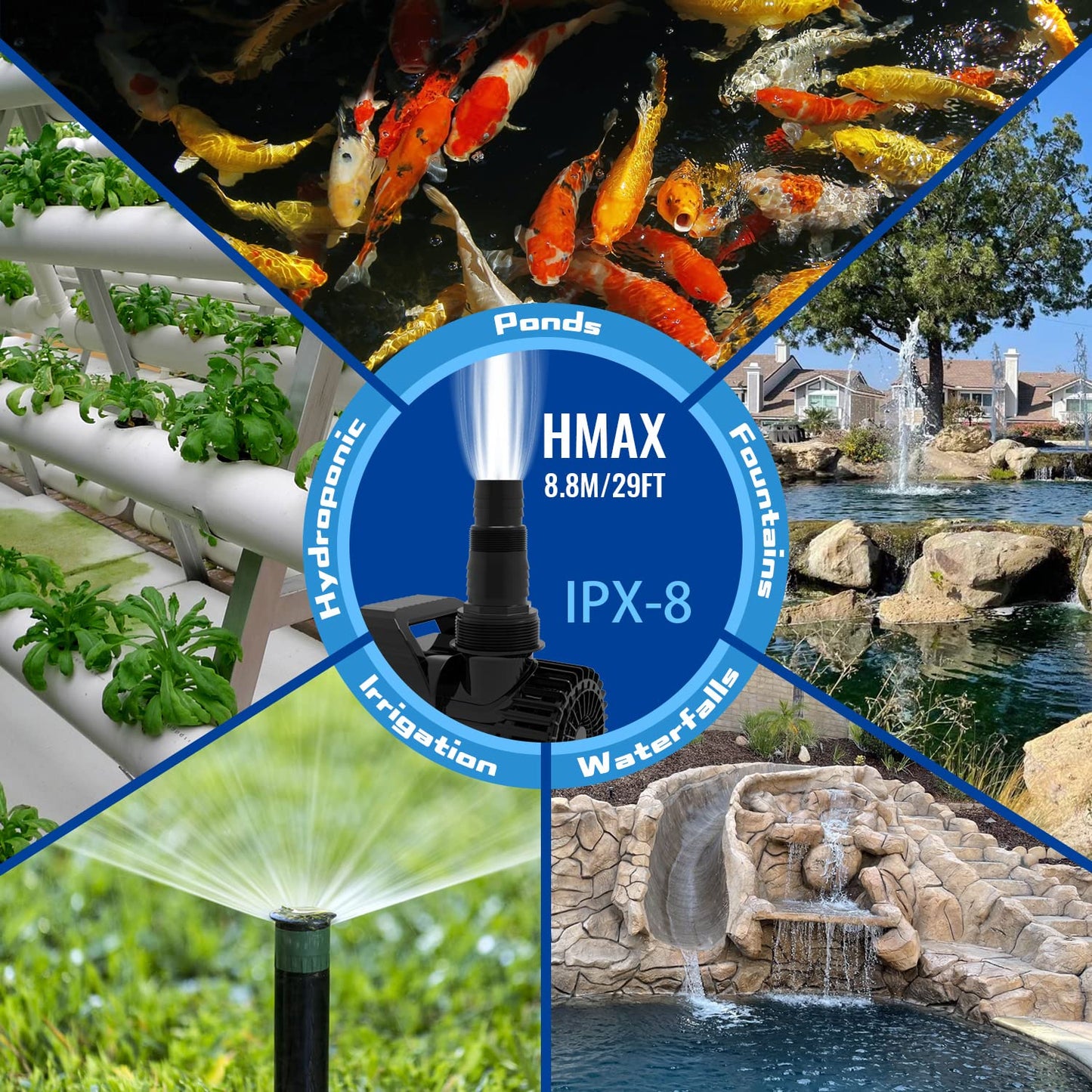 OYO WATER Outdoor Extra Large 11800gph-850W 32.8FT Pond Water-fall & Kio Fish Fountain-s& Garden Pump Submersible IPX8: Long 32.8FT Cord Smart-er&Quieter Duck&Yard&Patio Ponds Pumps,1 Barrier Pump Bag