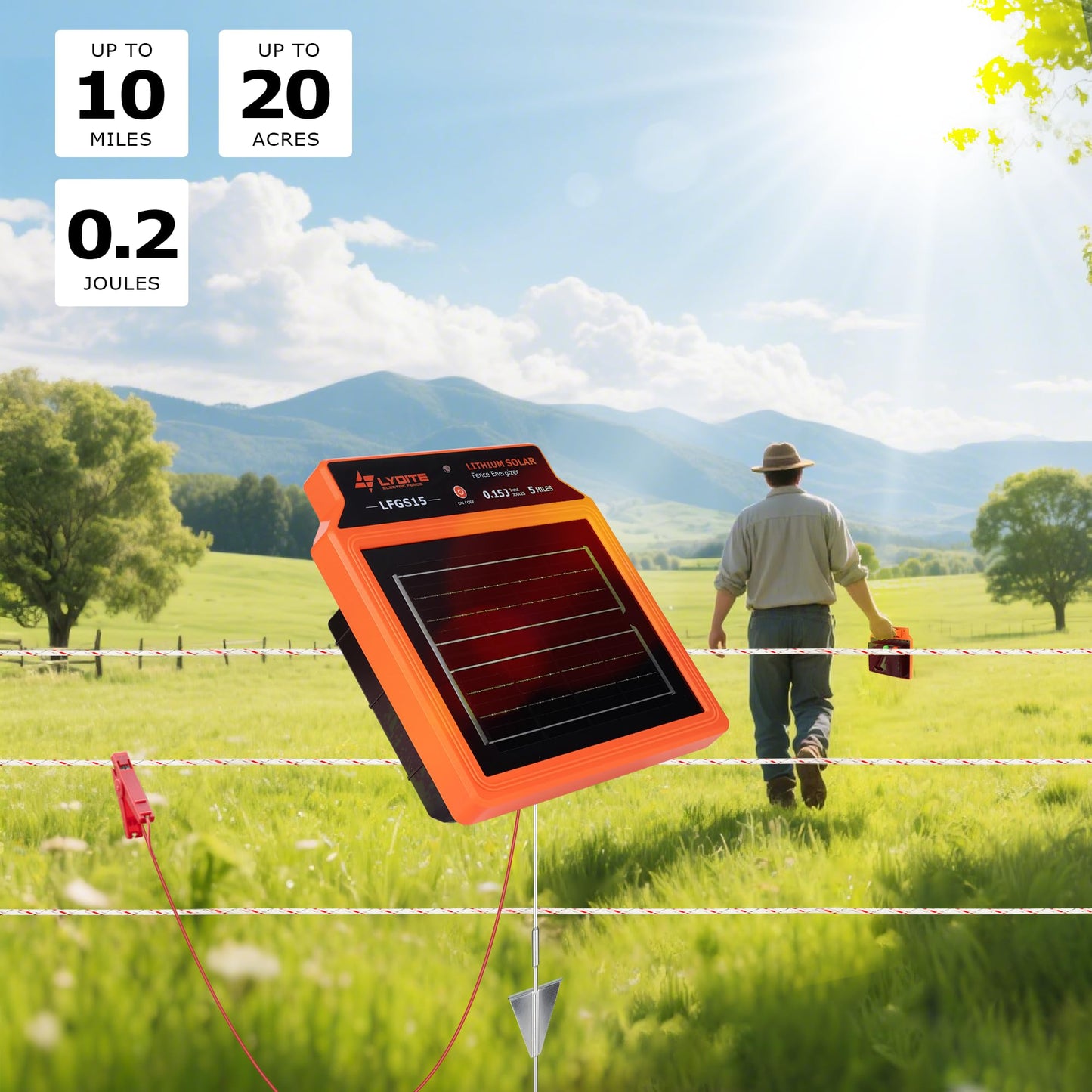 LFGS15 Solar Electric Fence Charger, 24 Hour 5 Miles Solar Charger, Portable 0.15J Energizer with Rechargeable Solar Panel for Livestock, Electric Fence Energizer
