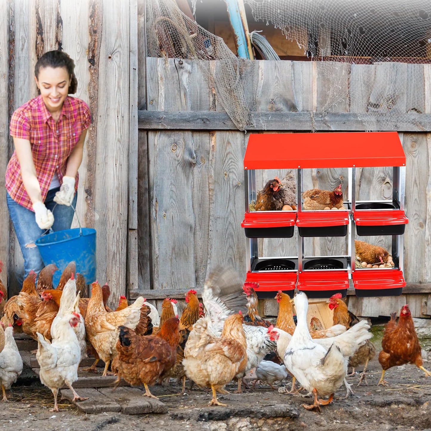 Chicken Nesting Box,6 Compartment Roll Away Nesting Box for Laying Eggs,Wall Mount Chicken Nesting Boxes,Easy Egg Collection,Cleanable Pull Out Hen Roosting Boxes 6 Hole