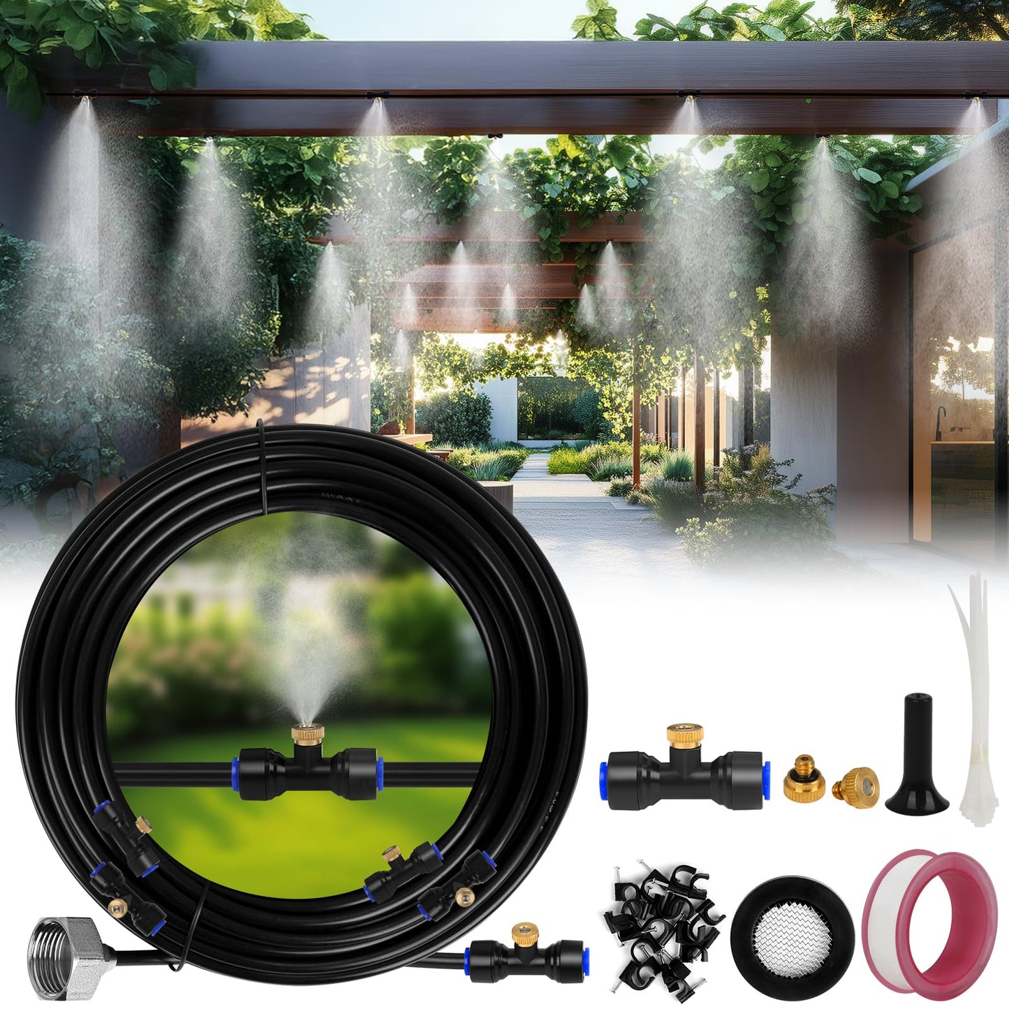 UBYNID Misters for Outside Patio, 60 FT Chicken Coop Misting Cooling System with 15 Mist Nozzles+Brass Adapter (3/4") DIY Outdoor Water Mister for Garden Trampoline Greenhouse Canopy