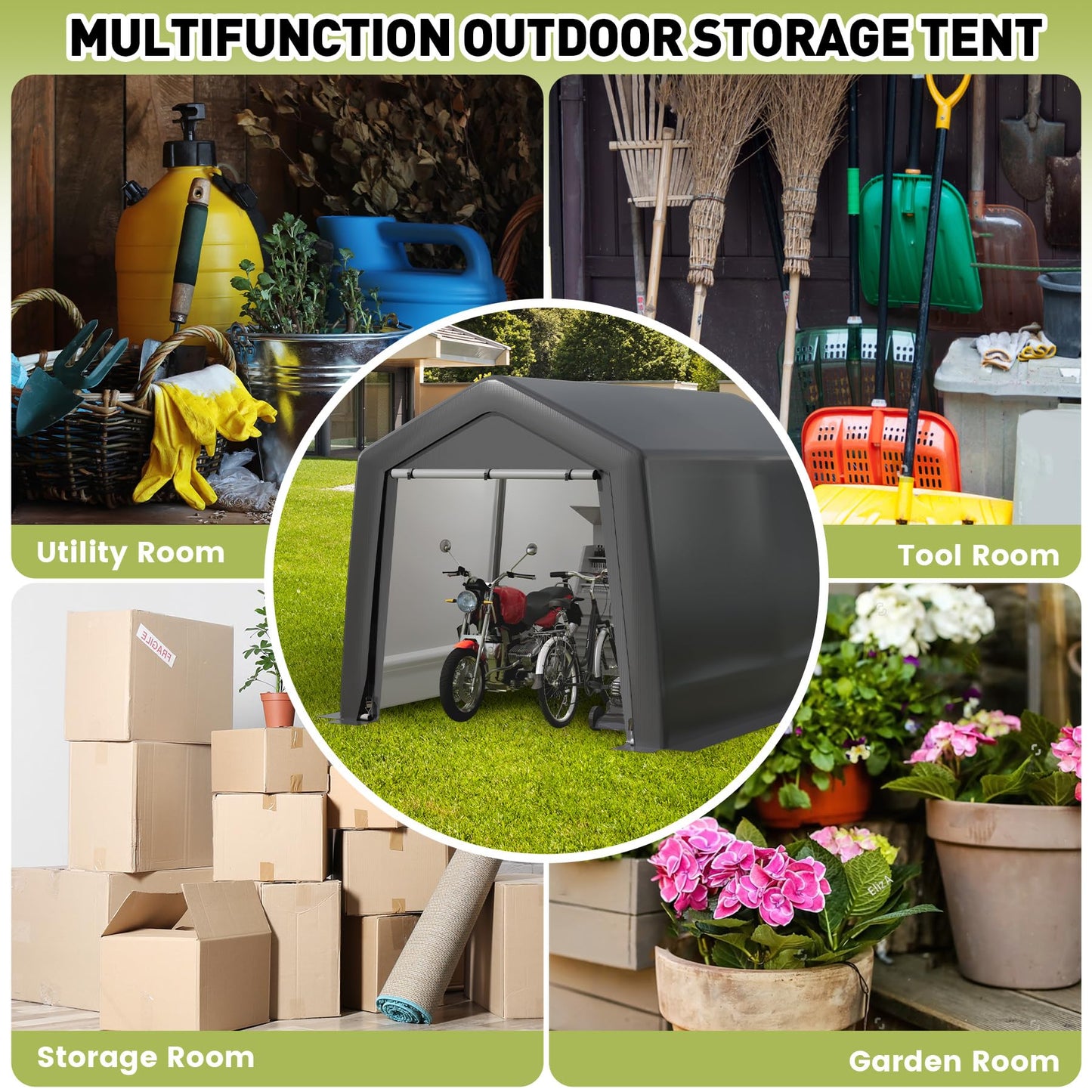 8 x 12FT Portable Storage Shed, Outdoor Storage Shelter with Roll-Up Zipper Door, Waterproof Tarp, Portable Garage for Motorcycle, Bike, Garden Tools