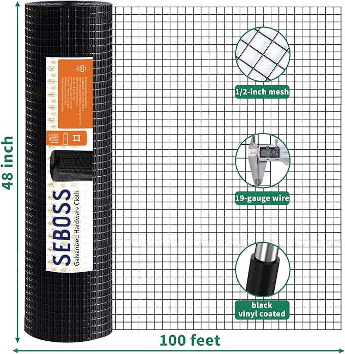 SEBOSS Hardware Cloth 1/2 inch 48 x 100 ft 19-Gauge, Black Vinyl Coated Wire Mesh Roll Chicken Wire Mesh Chicken Wire Fencing Wire Fence Roll Garden Fencing Welded Wire Hardware Mesh