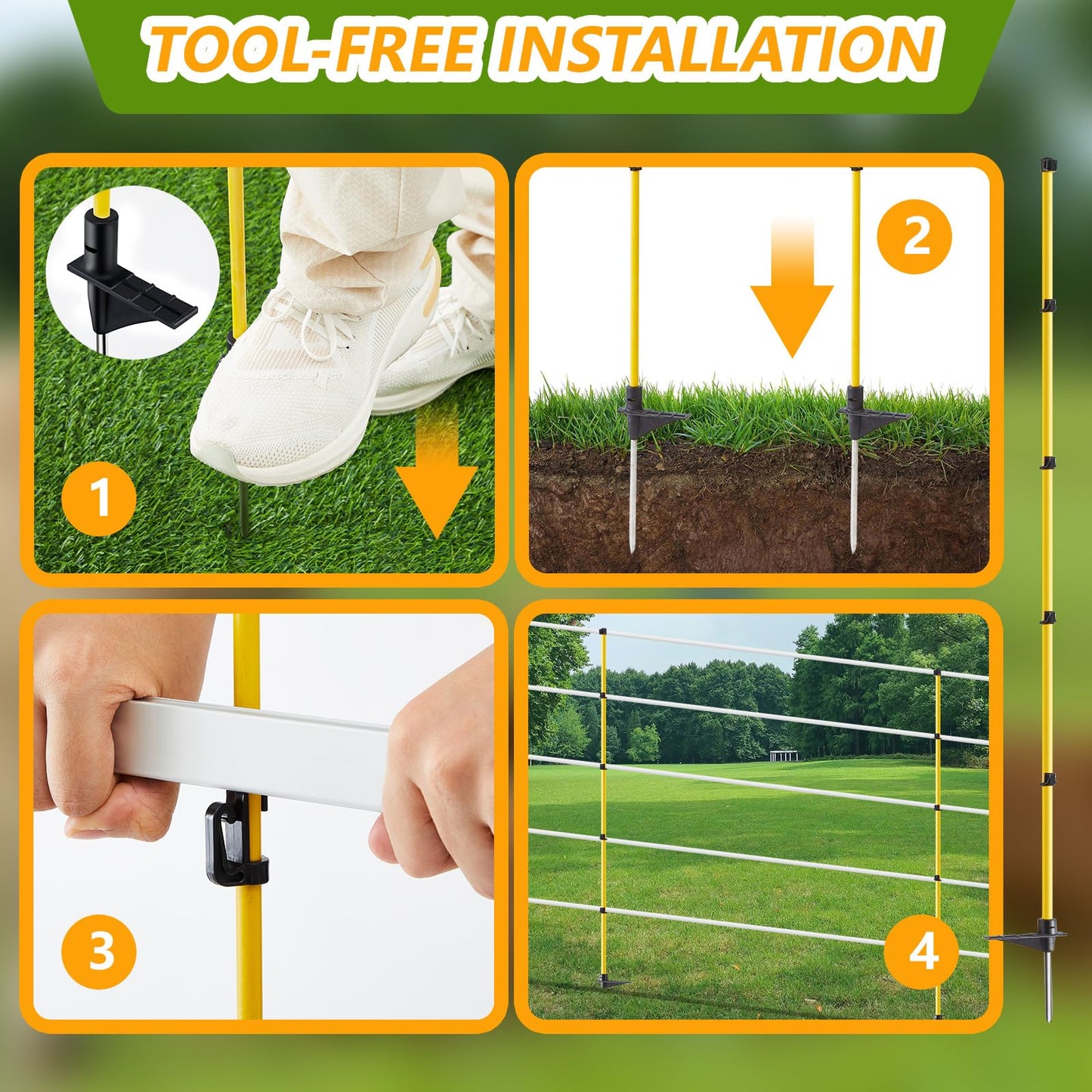 Maasechs 80 Inches Electric Fence Posts Fiberglass Step-in 20 Pack, Temporary Fence Stakes with Adjustable Clips for Livestock, Garden, Farm Protection