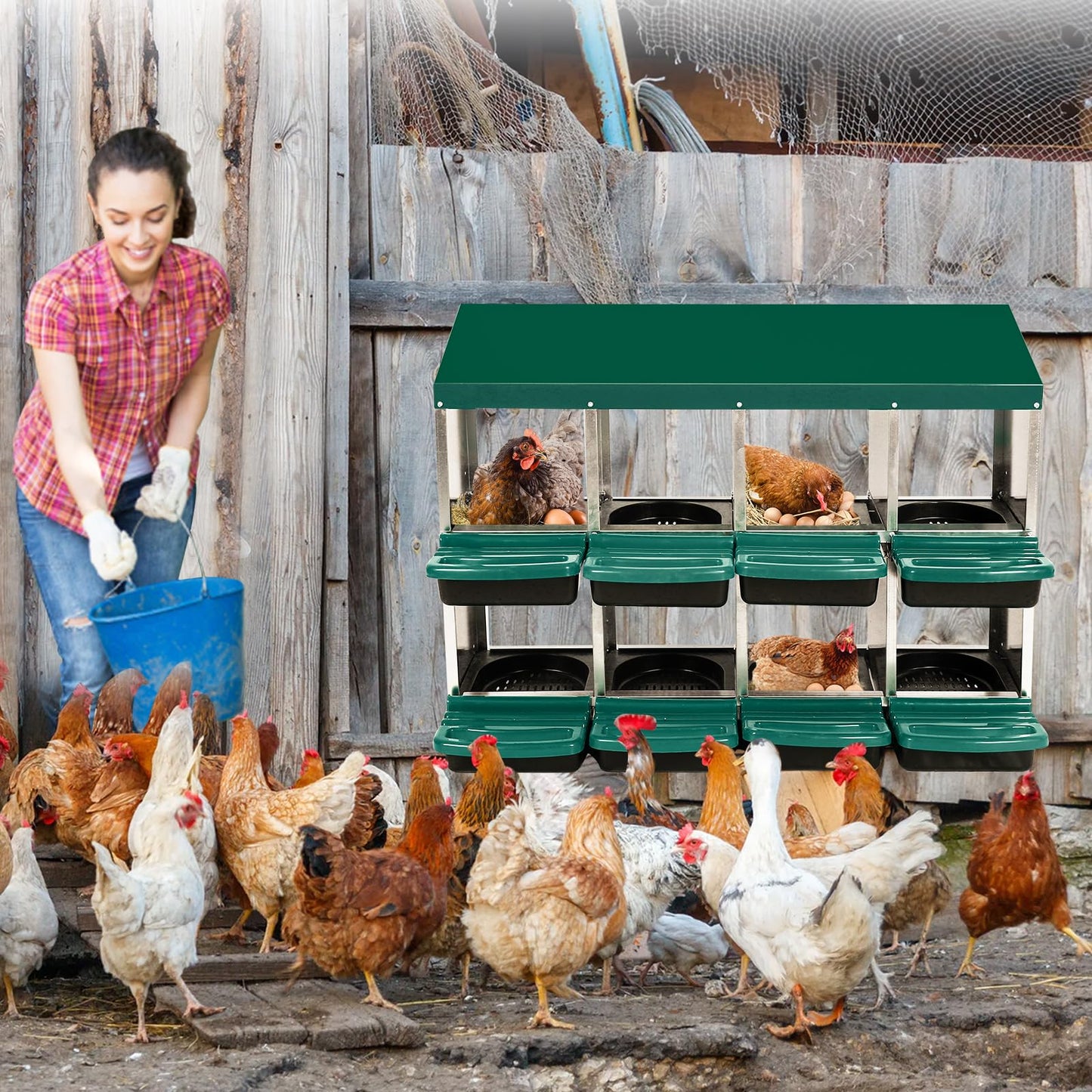 Chicken Nesting Box With 8 Compartments - Roll Away Laying Boxes for Hens, Lid Cover for Chicken Coop, Green