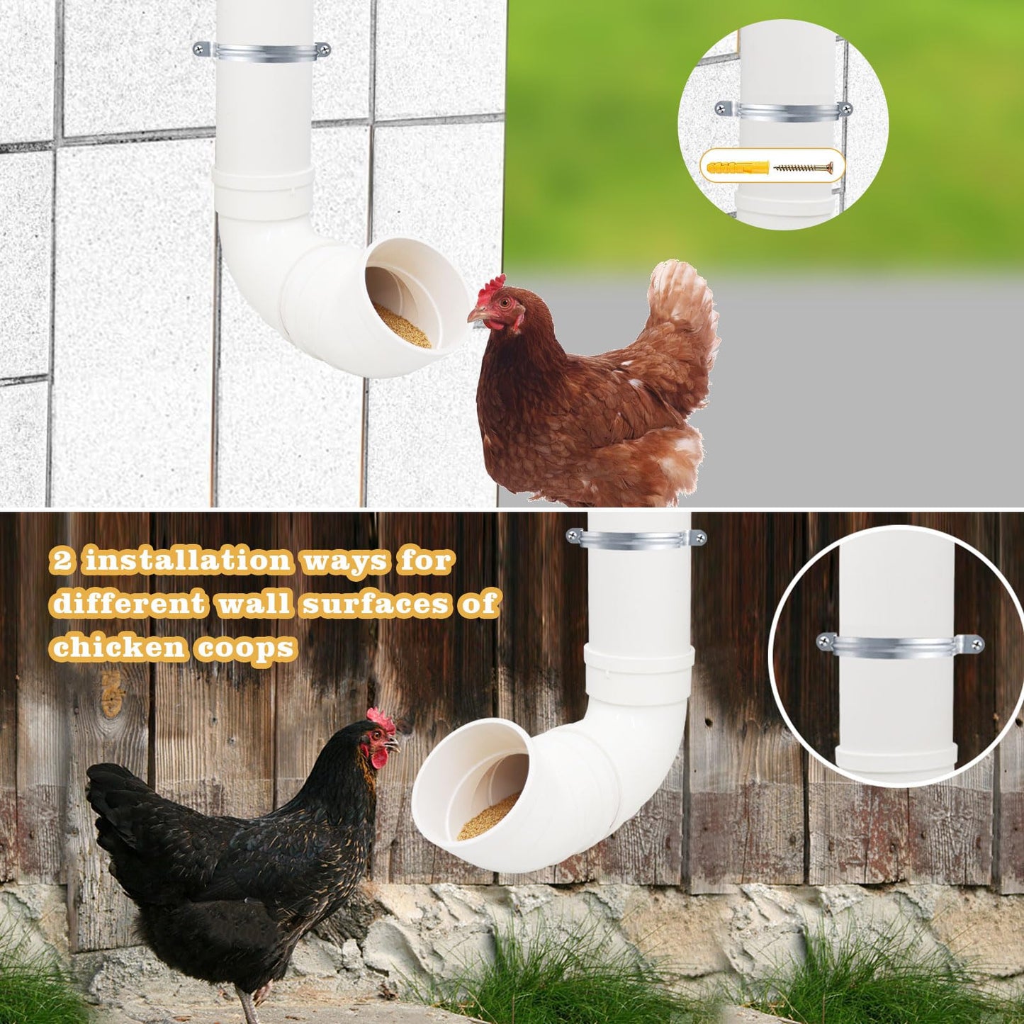 2-Pack Chicken Feeders No Waste, Chicken Feeder Kit with a Big One and a Small One, Automatic Chicken Feeder for Chicken Coop, PVC Gravity Poultry Feeders for Chickens, Ducks, Turkeys, Geese