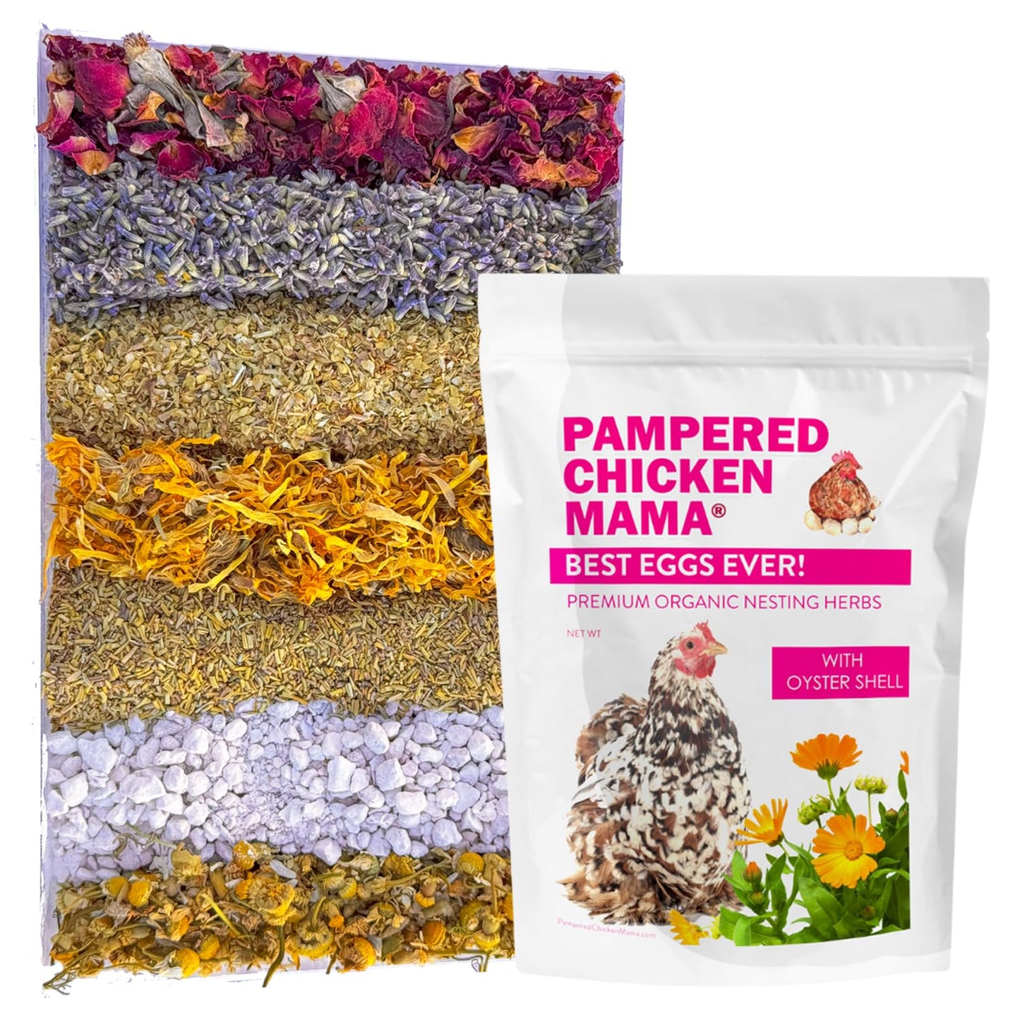 Pampered Chicken Mama Best Eggs Ever! Nesting Herbs for Chickens (10 Ounces) Calcium Supplement for Chickens | Chicken Feed Supplies, Hen Treats for Coops