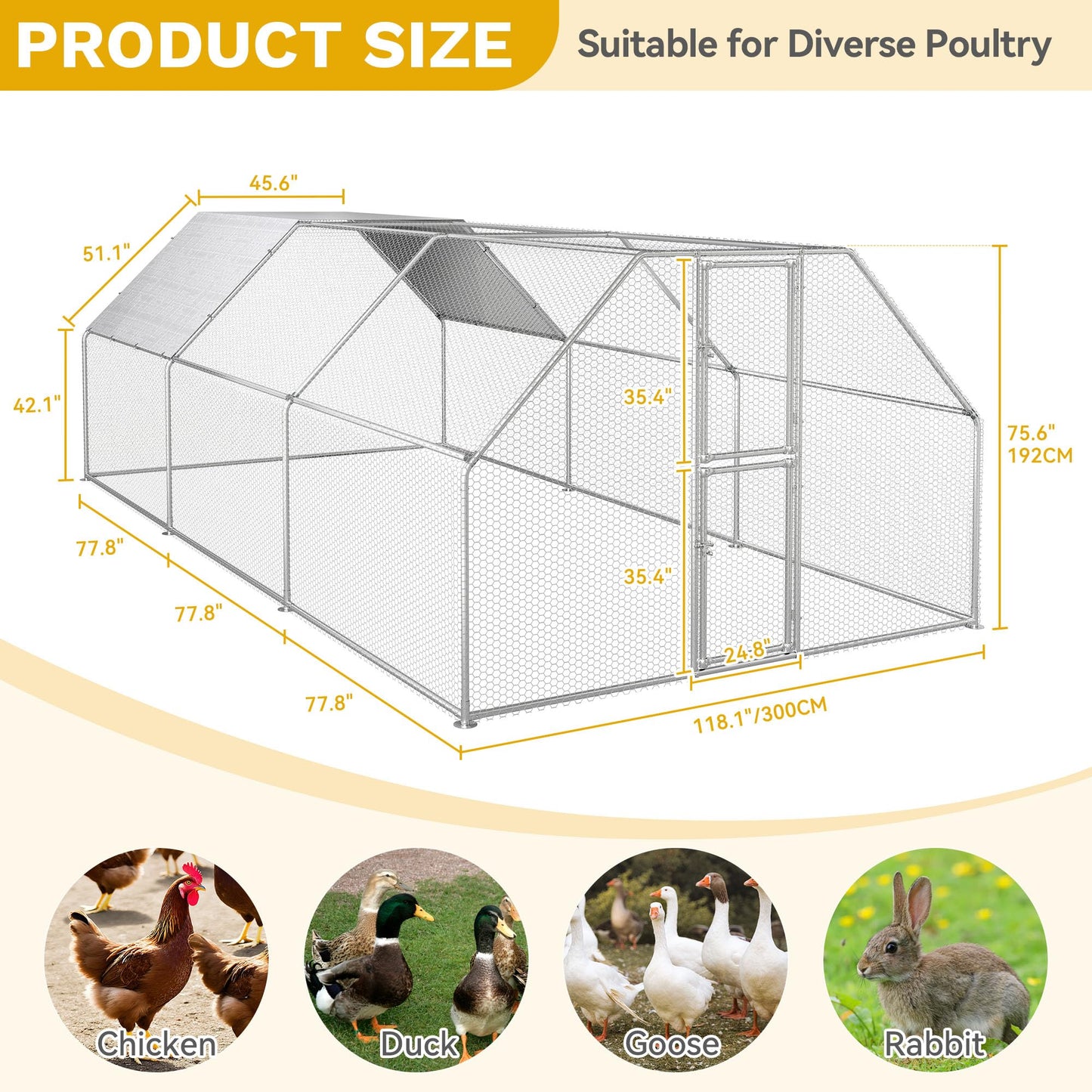 DWVO Large Metal Chicken Coop for 20-30 Chickens, 19.1 x 9.8 x 6.4 ft Walk-in Poultry Cage Chicken Run for Yard Outdoor with Waterproof and Anti-UV Cover Duck House Flat Roof Chicken Pen