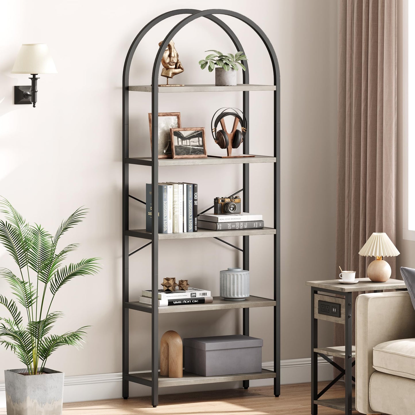 IDEALHOUSE Bookshelf 5 Tier Bookcase Arched Display Racks Tall Standing Bookshelves Metal Frame Modern Storage Rack Shelf Large Wood Book Shelf for Bedroom, Living Room, Home Office