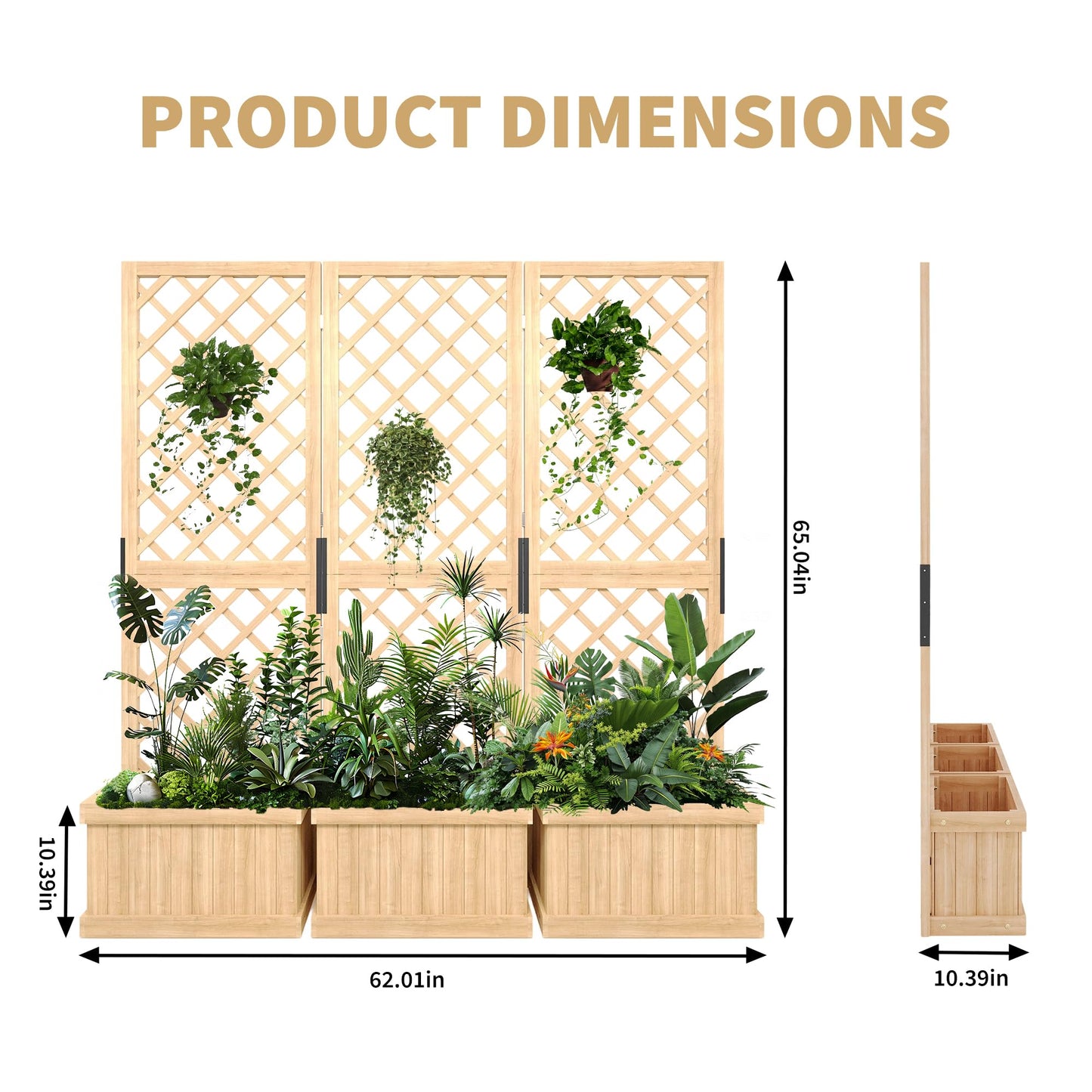 Cedar Privacy Screen with Planter Box - 62"x 10"x 65" Freestanding Outdoor Fence Panel, 3 Hinged Garden Screen with Drainage Holes, Raised Bed Kit for Patio, Backyard, Deck Natural Wood Trellis