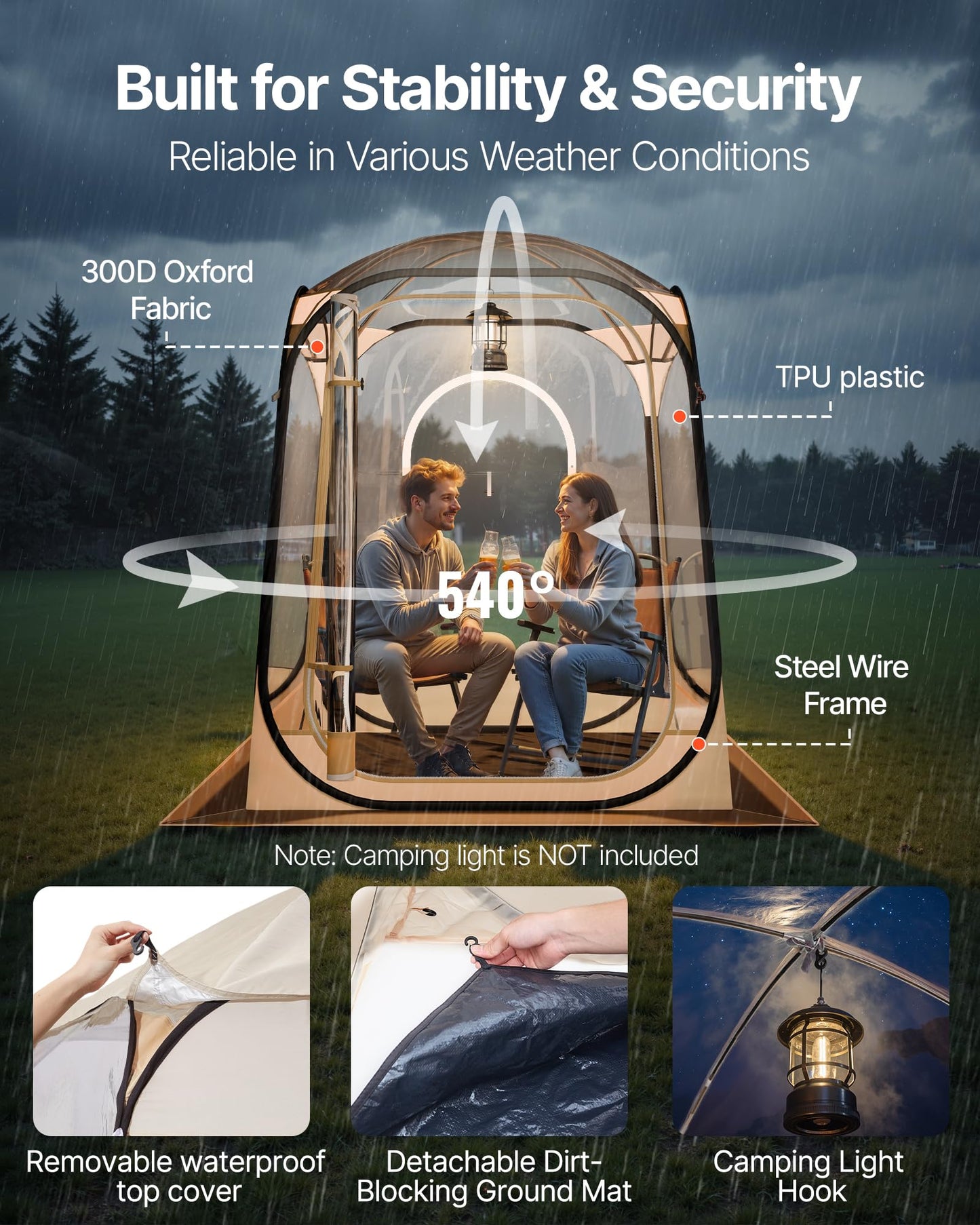 VEVOR Pop Up Sports Tent, 50x50x66.9 Instant Weather Proof Clear Tent for 2 Person, Portable Foldable Dome Shelter with Removable Floor Mat & Top Cover, for Watching Sports Events, Camping, Fishing