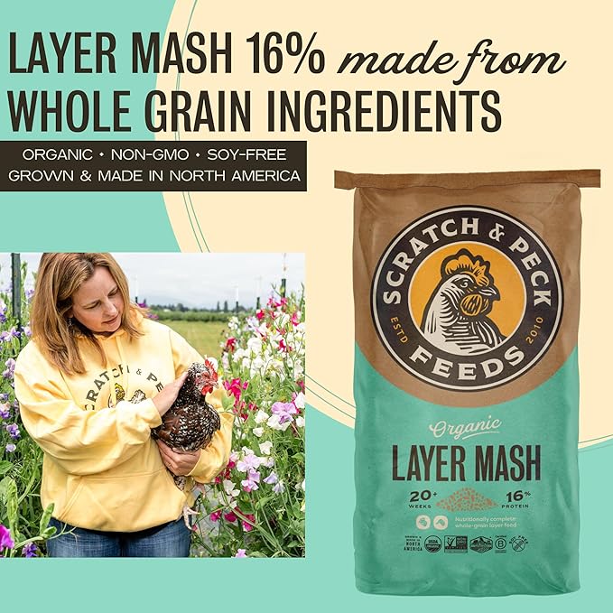 Scratch and Peck Feeds Whole Grain Layer Mash Chicken and Duck Feed - Corn-Free and Soy-Free - 16% Protein, Certified Organic and Non-GMO Project Verified Chicken Food - 50 lbs Bag