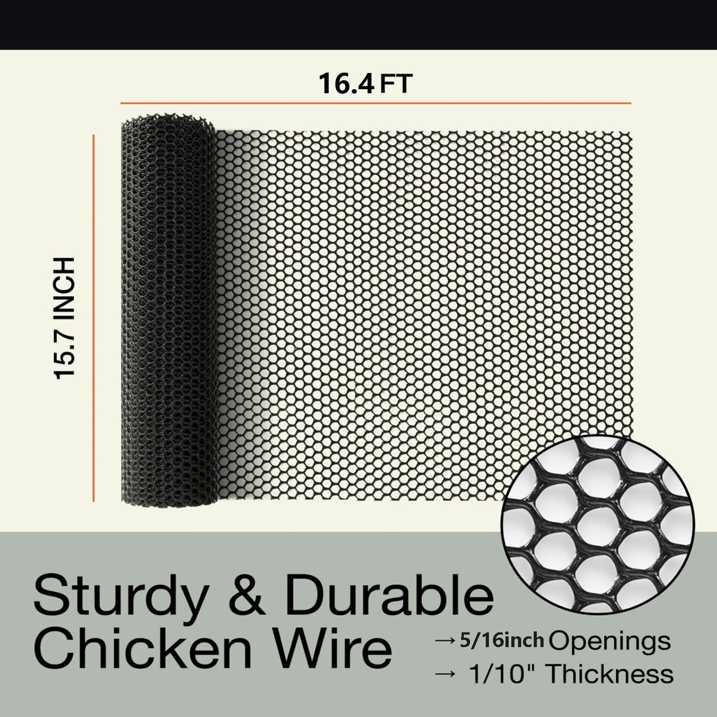 Pet Proof Barrier Net, Black Plastic Chicken Wire Mesh Fencing 15.7IN x 16.4FT, Balcony Cat Safety Net & Garden Snake Barrier, Heavy Duty Protection for Chicken Coops, Rabbit Hutches, Dog Kennels