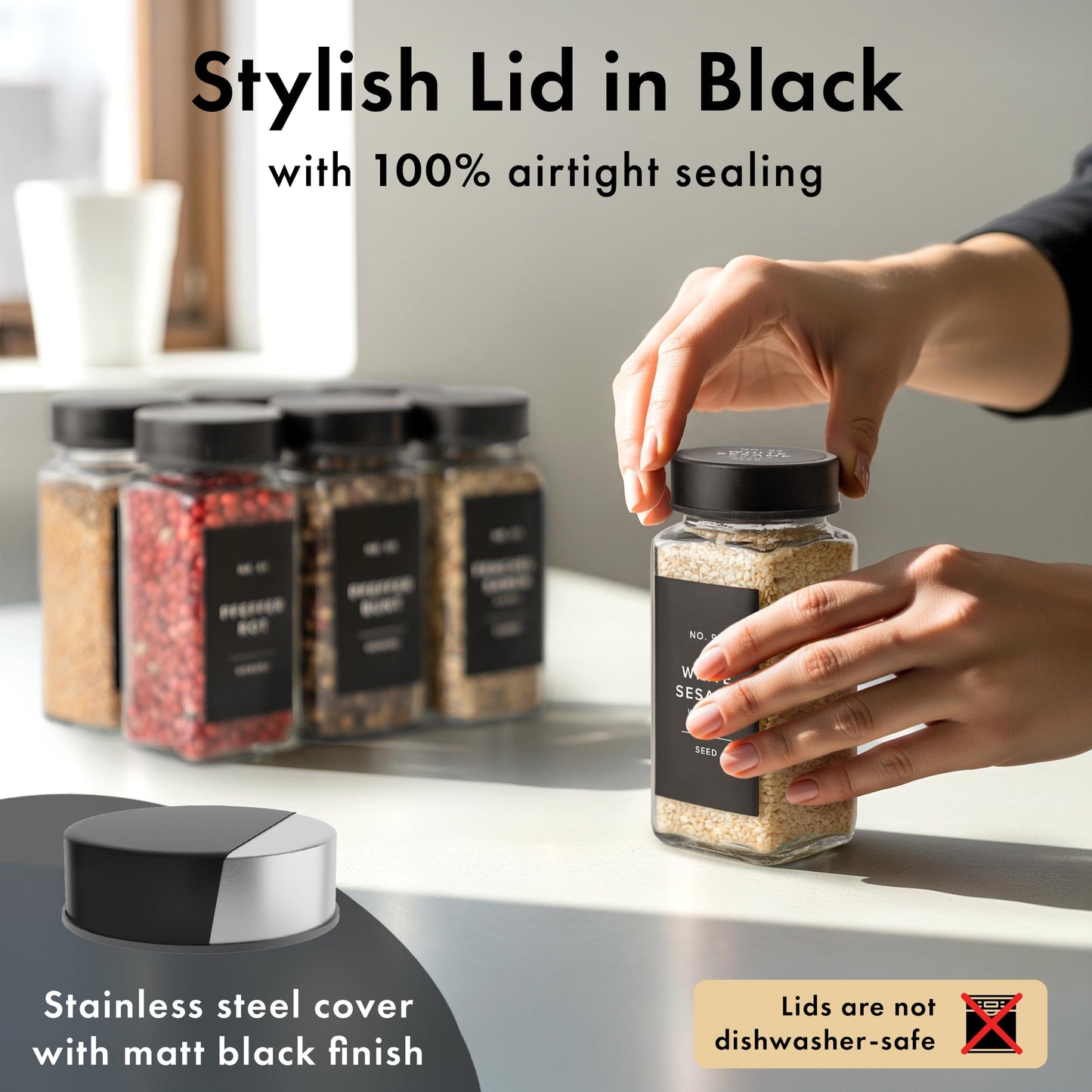 EDELHAUS Glass Spice Jars with Label and Stainless Steel Lids (24 x 4oz) Spice Containers with 240 Labels, Shaker Inserts, Steel Funnel, Empty Square Empty Square Seasoning Organizer (Black)