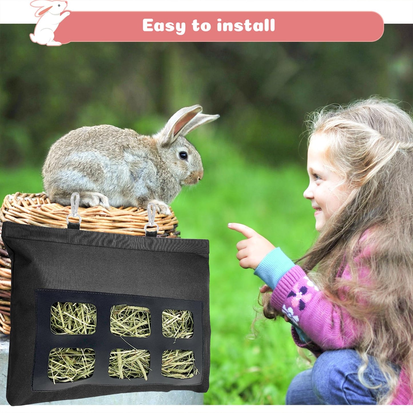 Rabbit Hay Feeder Bag, Upgraded Bunny Hay Bag, 6 Holes 600D Oxford Fabric Hay Holder Bag for Small Animal Guinea Pig Chinchilla Rabbit Cage by Rayfarmo,(Black)