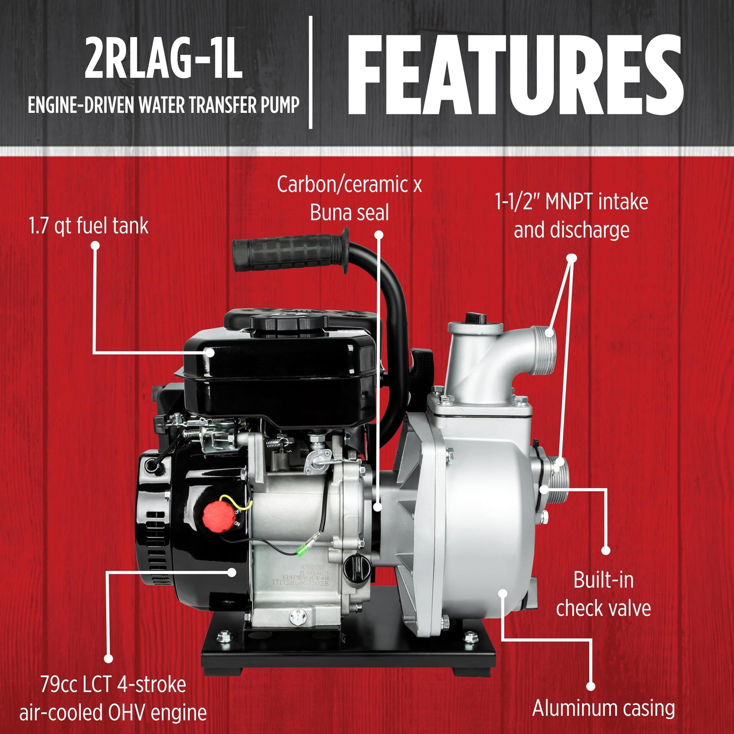 Red Lion 2RLAG-1L 79cc, 60 GPM OHV Engine Driven Aluminum Water Transfer Pump, 1.5-Inch MNPT Suction and Discharge, Black, 617031