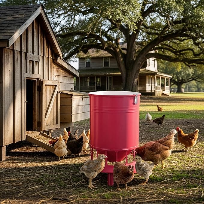 Solution4Patio 50LB No-Waste Chicken Feeder, Large Capacity Gravity Dispenser with Spill Control & 16 Feeding Ports Poultry Feeder for Outdoors & Hen Coop (Red)